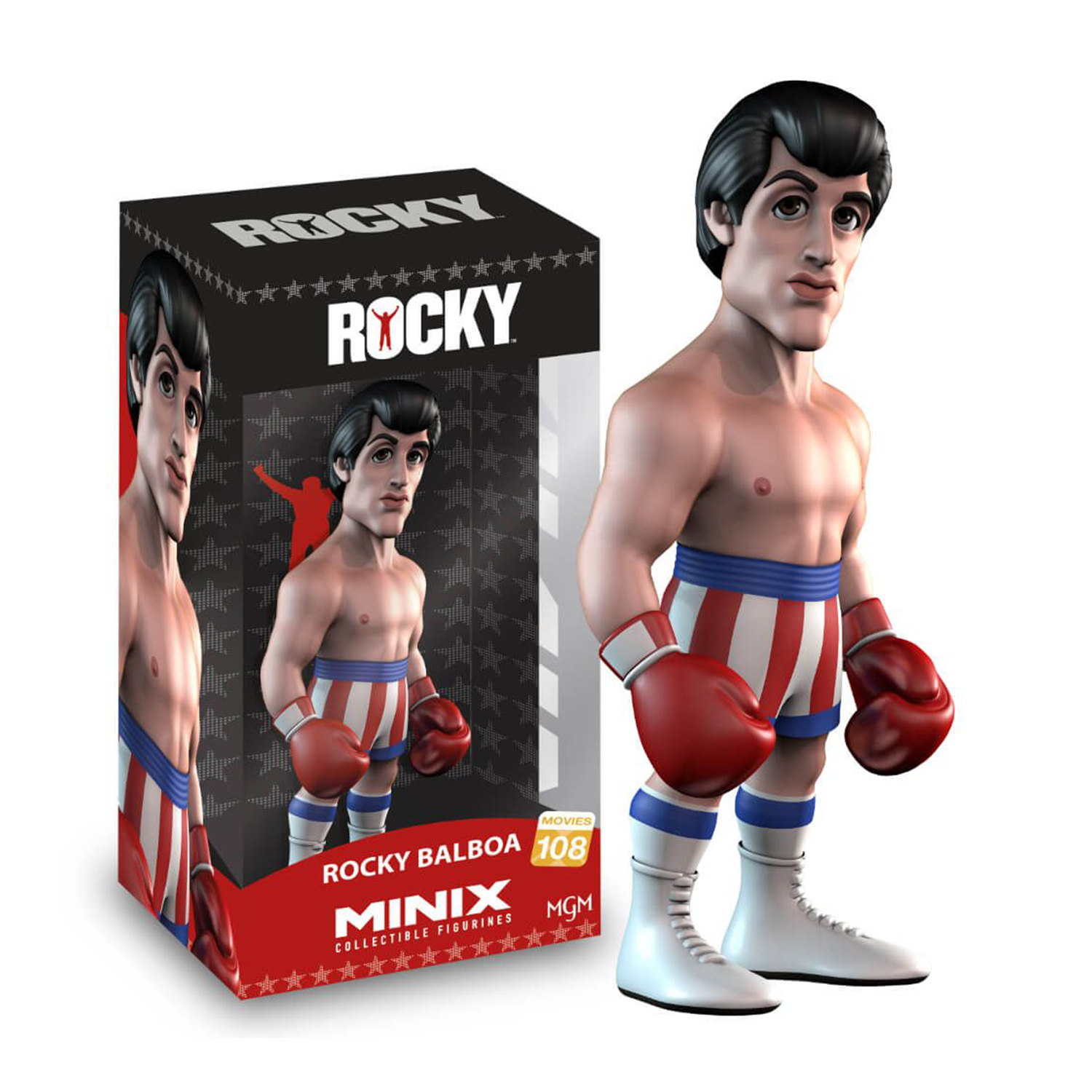 Una statuetta di Rocky Balboa. È una miniatura del pugile con guantoni e pantaloncini rossi, in una scatola.