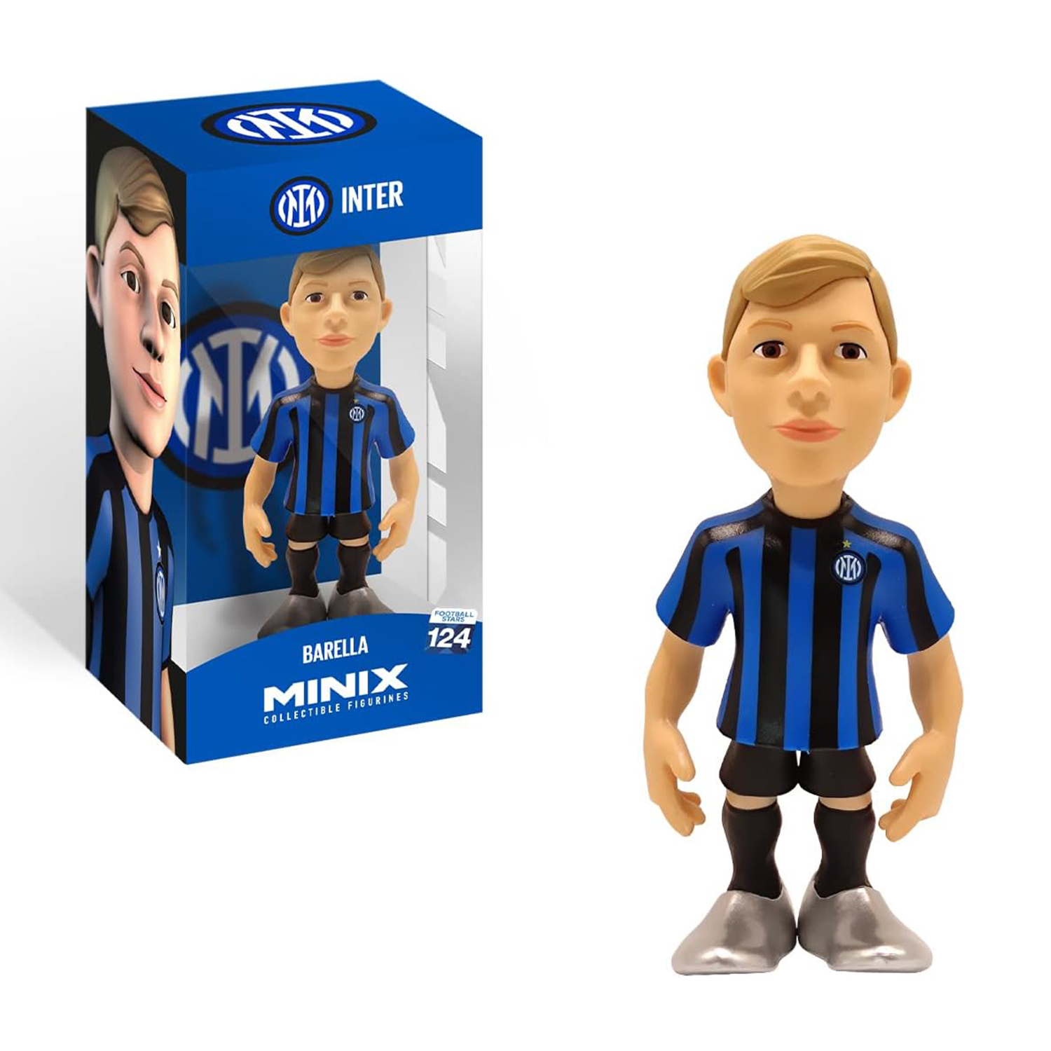 Una statuetta di calciatore e la sua scatola. La figura indossa una maglia a righe blu e nere.