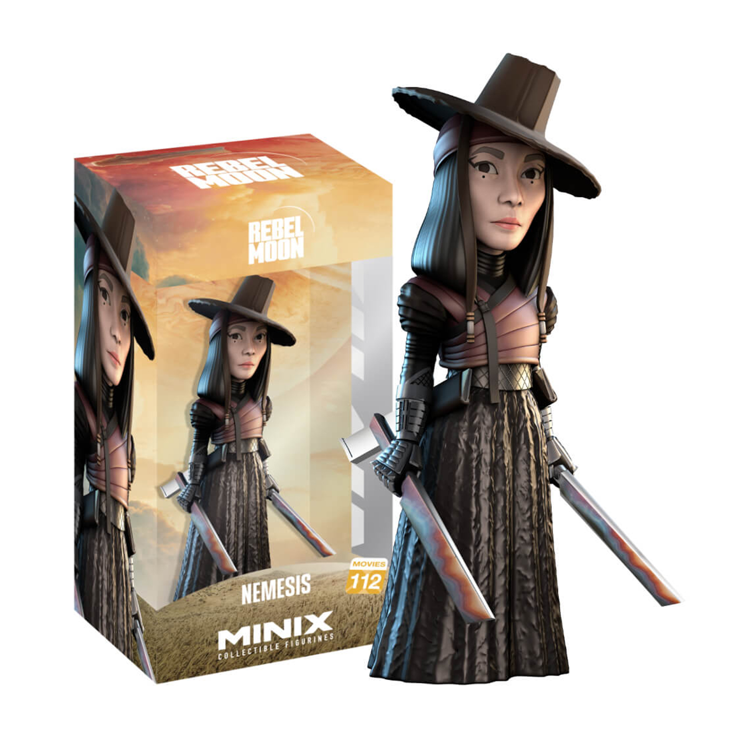 Figura di Nemesis di Rebel Moon, con spade, nella scatola. Una donna con un cappello, abiti neri e capelli lunghi.