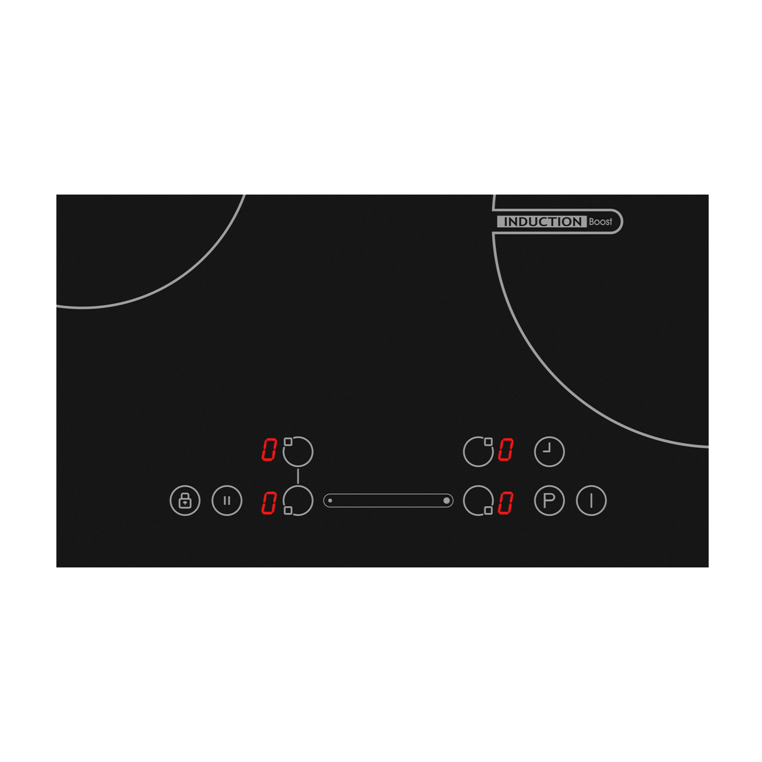 Piano cottura a induzione nero con display digitali rossi e icone di controllo.