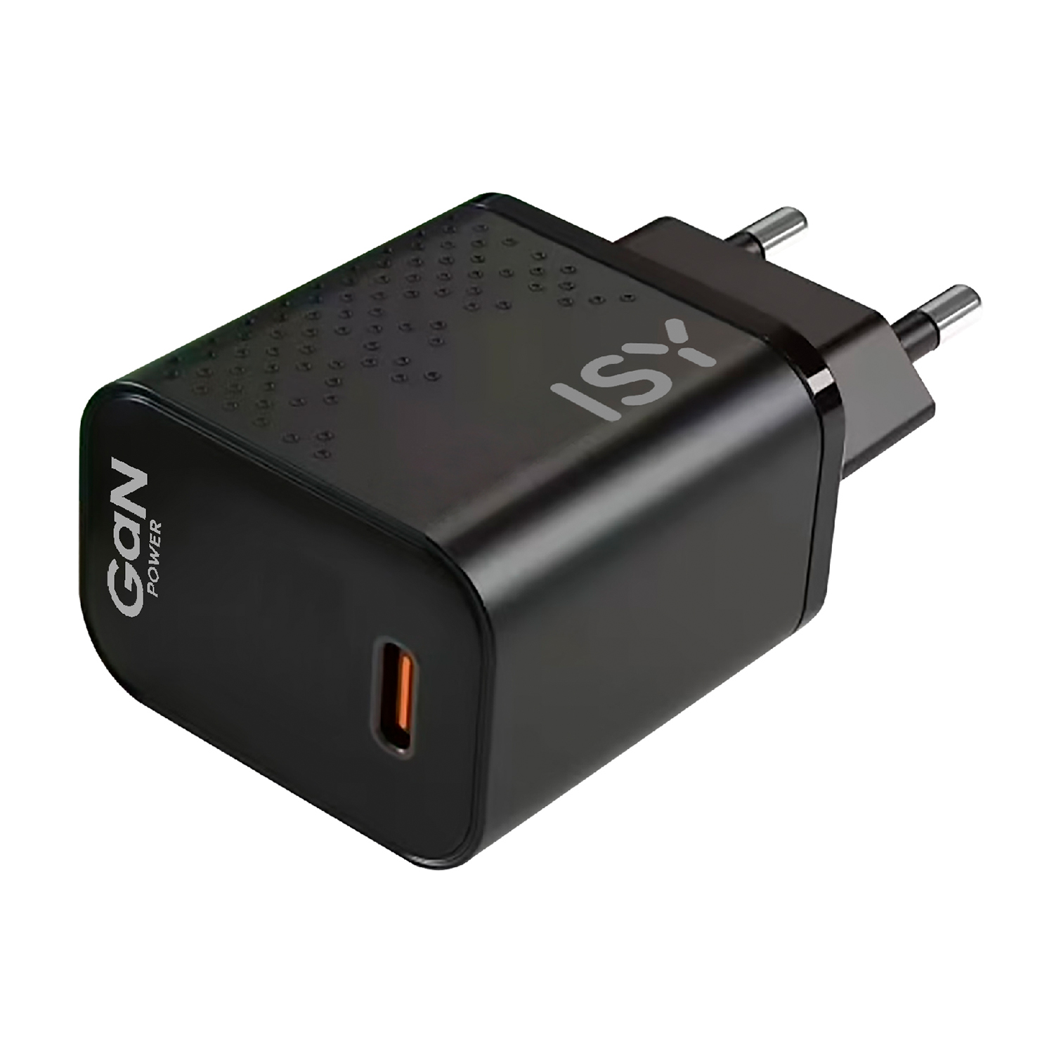 Adattatore di alimentazione nero con porta USB-C, visibile il marchio 'iSy'.