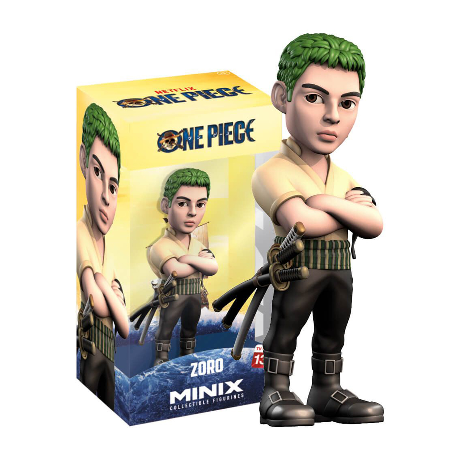 Statuetta di Zoro da One Piece. Ha i capelli verdi, spade e una scatola con una sua foto.