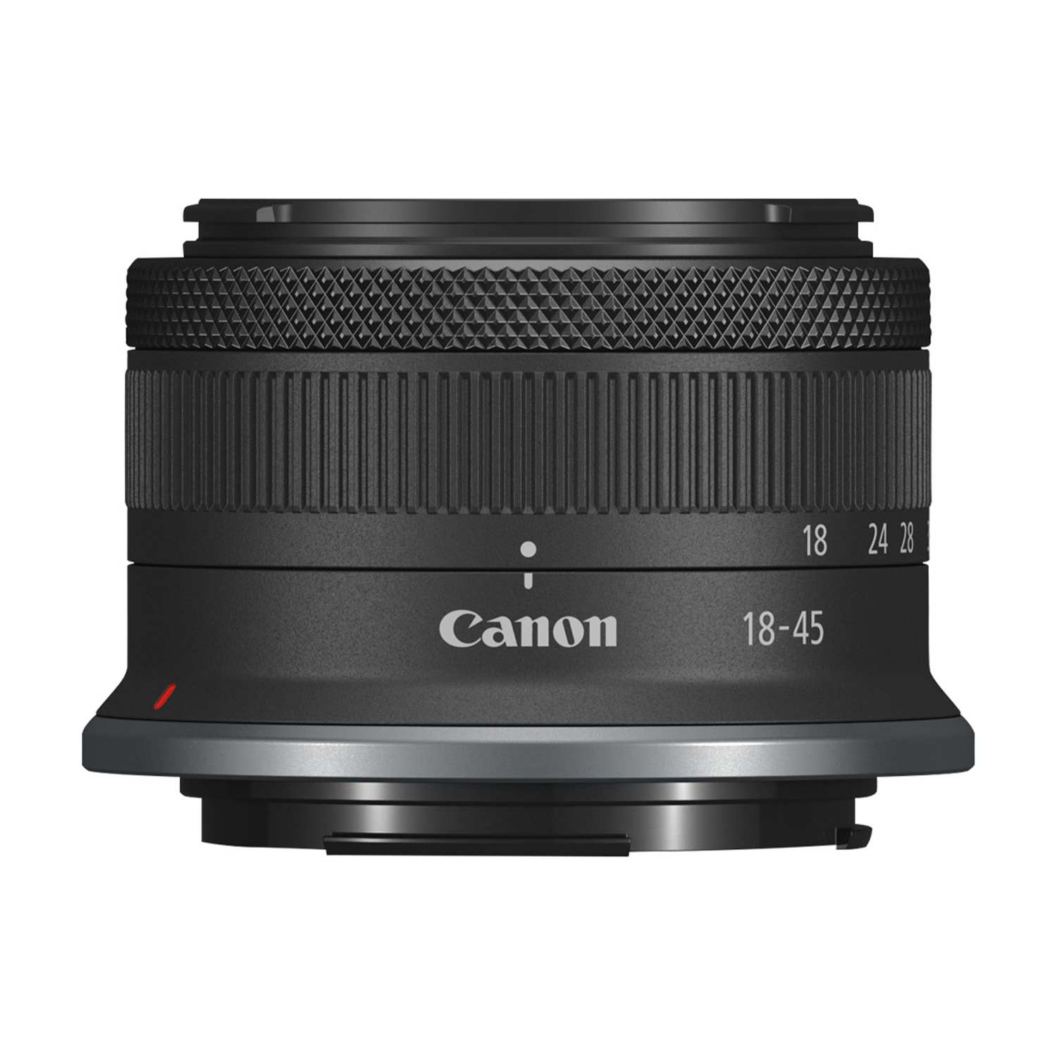 Obiettivo Canon 18-45mm con indicazioni sul barilotto, nero e argento.
