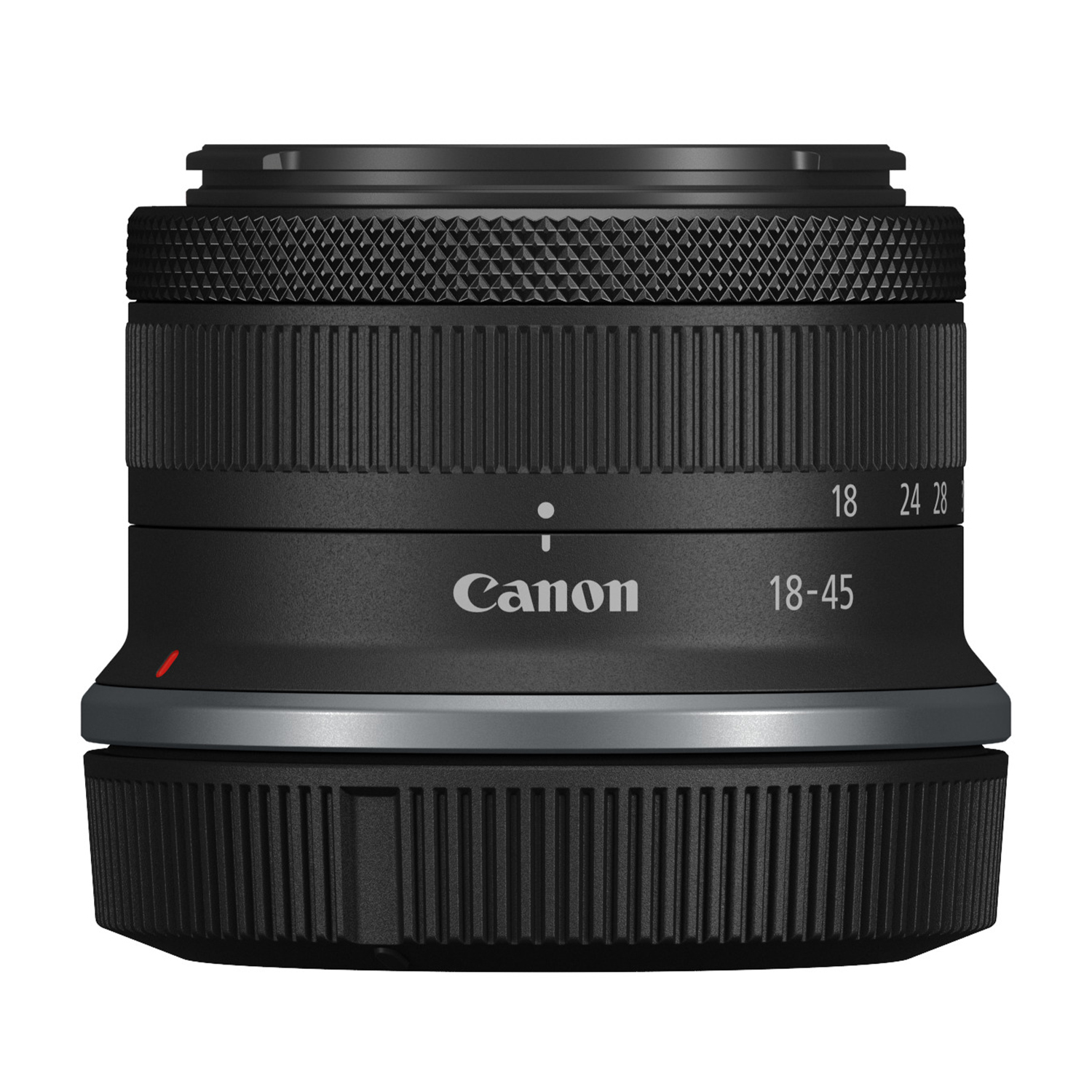 Un obiettivo nero per fotocamera, con marchio 'Canon', con ghiera di messa a fuoco e indicatori di lunghezza focale.