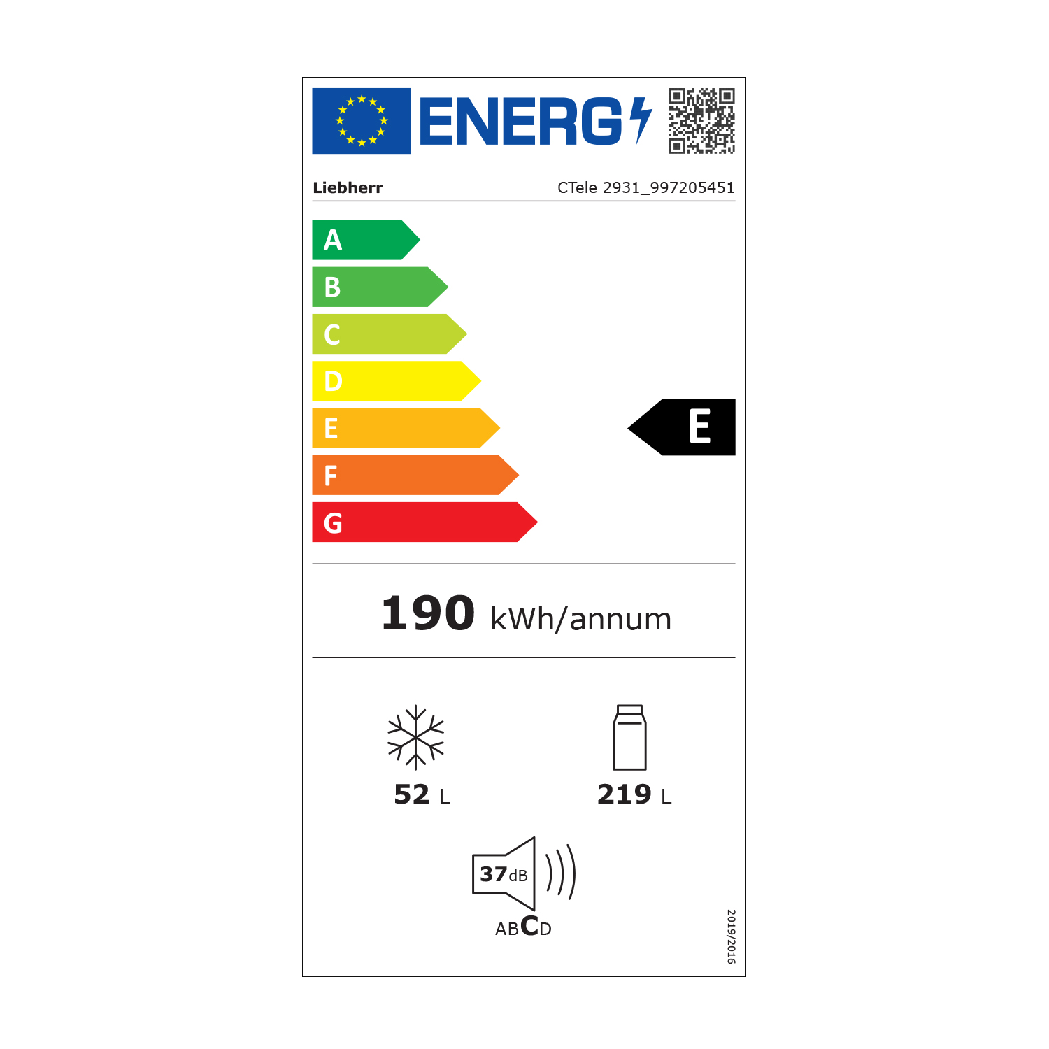 Etichetta di efficienza energetica per un frigorifero Liebherr. Barre verdi, gialle, arancioni, rosse. Classe energetica E, 190 kWh/anno.
