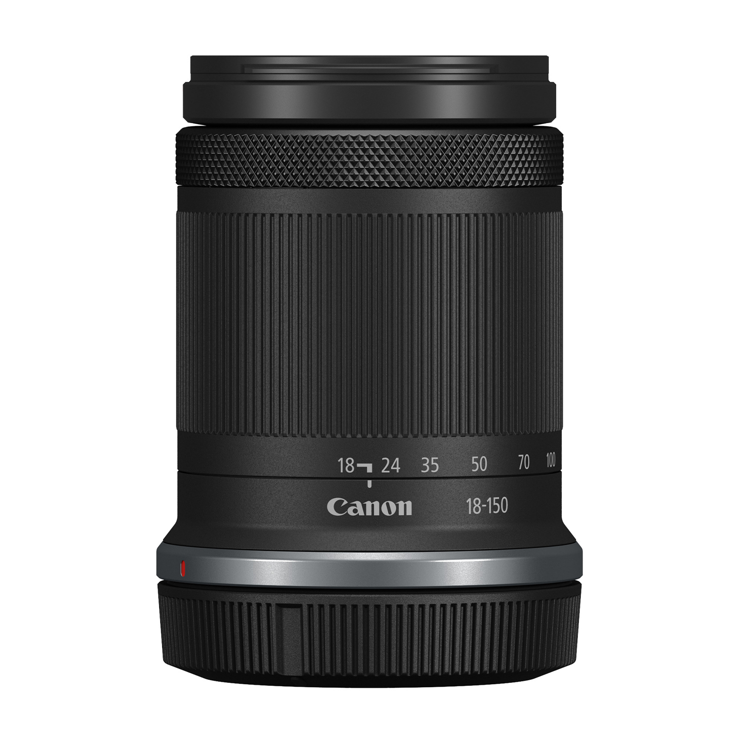 Un obiettivo per fotocamera nero con marchio Canon e lunghezze focali segnate sul barilotto.