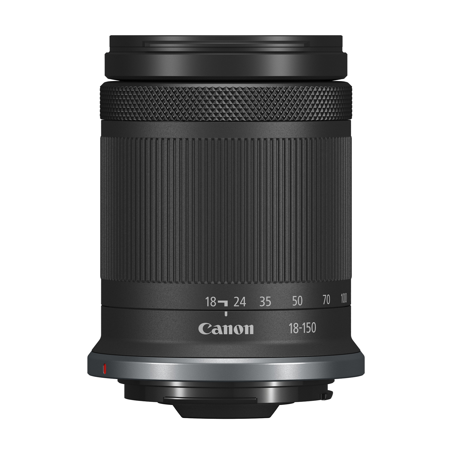 Obiettivo Canon 18-150mm nero, con indicazioni della distanza di messa a fuoco. Corpo scanalato e anello argentato.