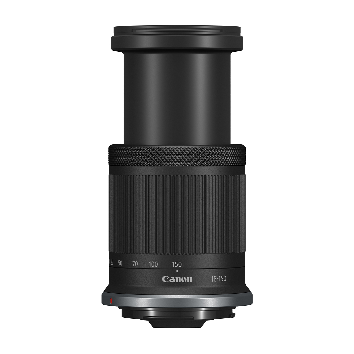 Obiettivo Canon nero, 18-150mm. I segni di messa a fuoco sono visibili. Un anello argentato è alla base dell'obiettivo.