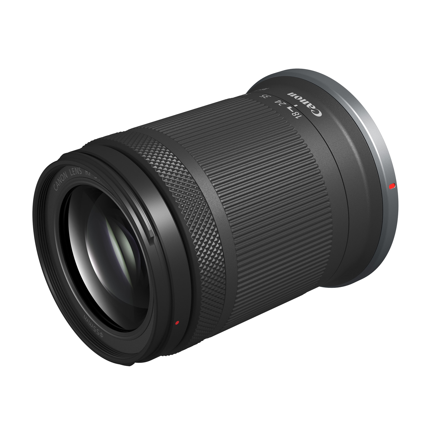 Obiettivo Canon nero, 18-24mm. Obiettivo con segni di messa a fuoco, punto rosso e anello argentato alla base.