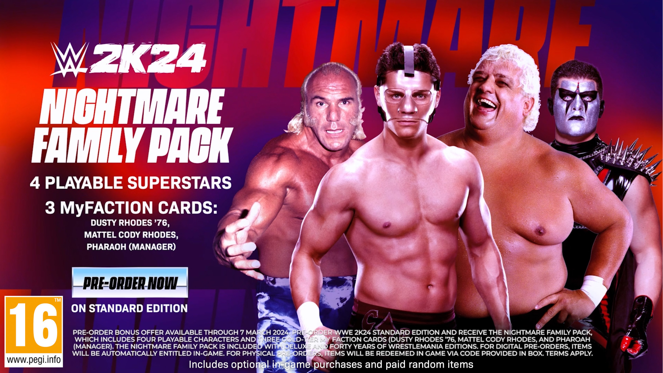 WWE 2K24 Nightmare Family Pack hirdetés. Cody Rhodes, Dusty Rhodes és más birkózók szerepelnek. Rendeld elő most!