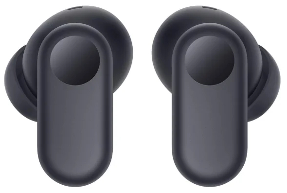 Dwa czarne bezprzewodowe słuchawki douszne. Białe tło.