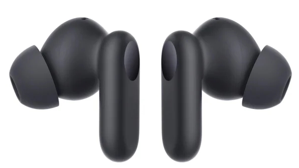 Dwa czarne słuchawki douszne, skierowane do siebie, o prostym designie.