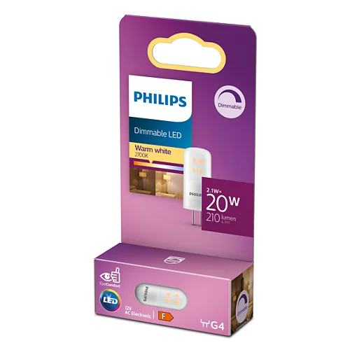 Eine Packung Philips LED G4-Leuchten mit Spezifikationen und Funktionen.