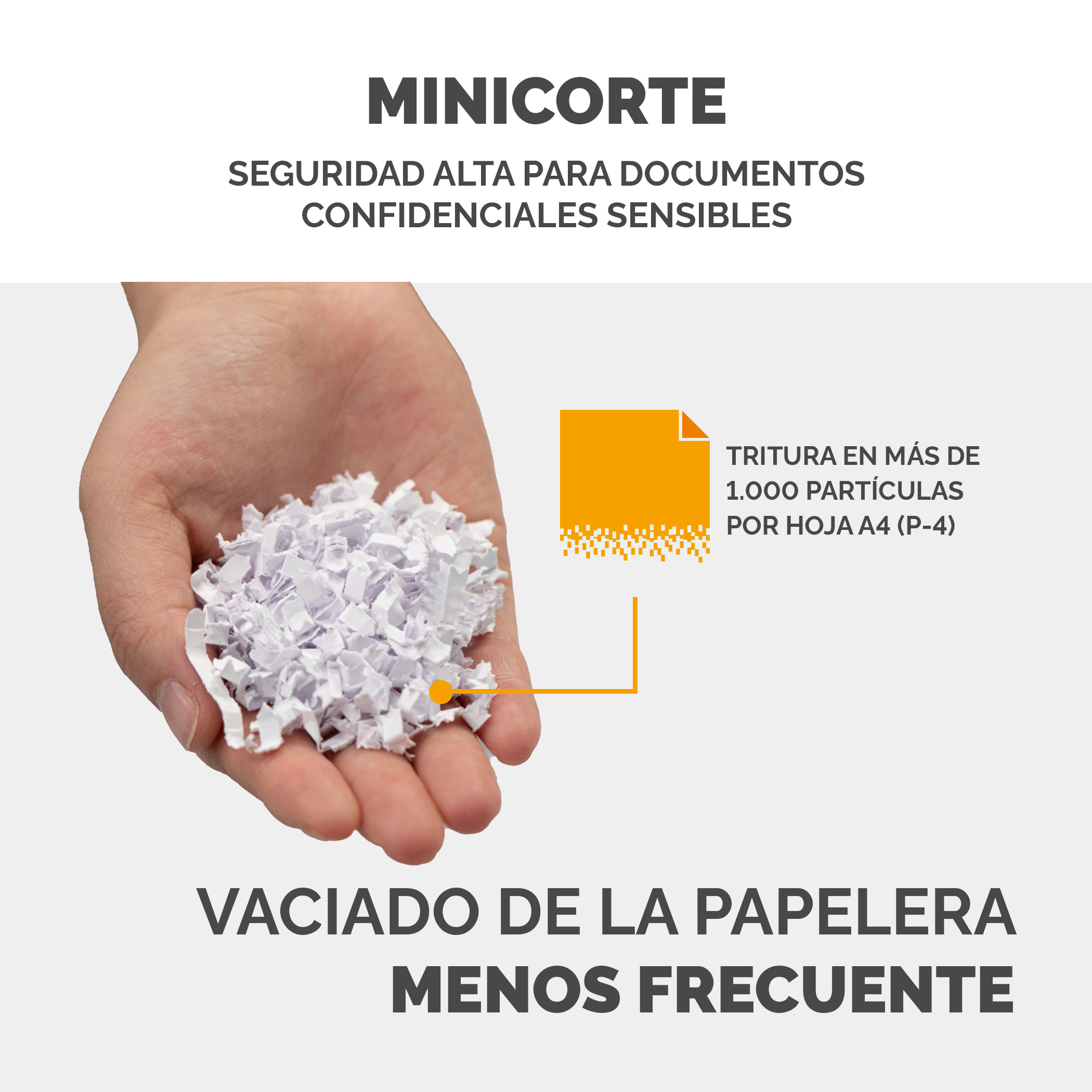 Mano sosteniendo papel triturado, con texto sobre alta seguridad para documentos sensibles y menos vaciado.