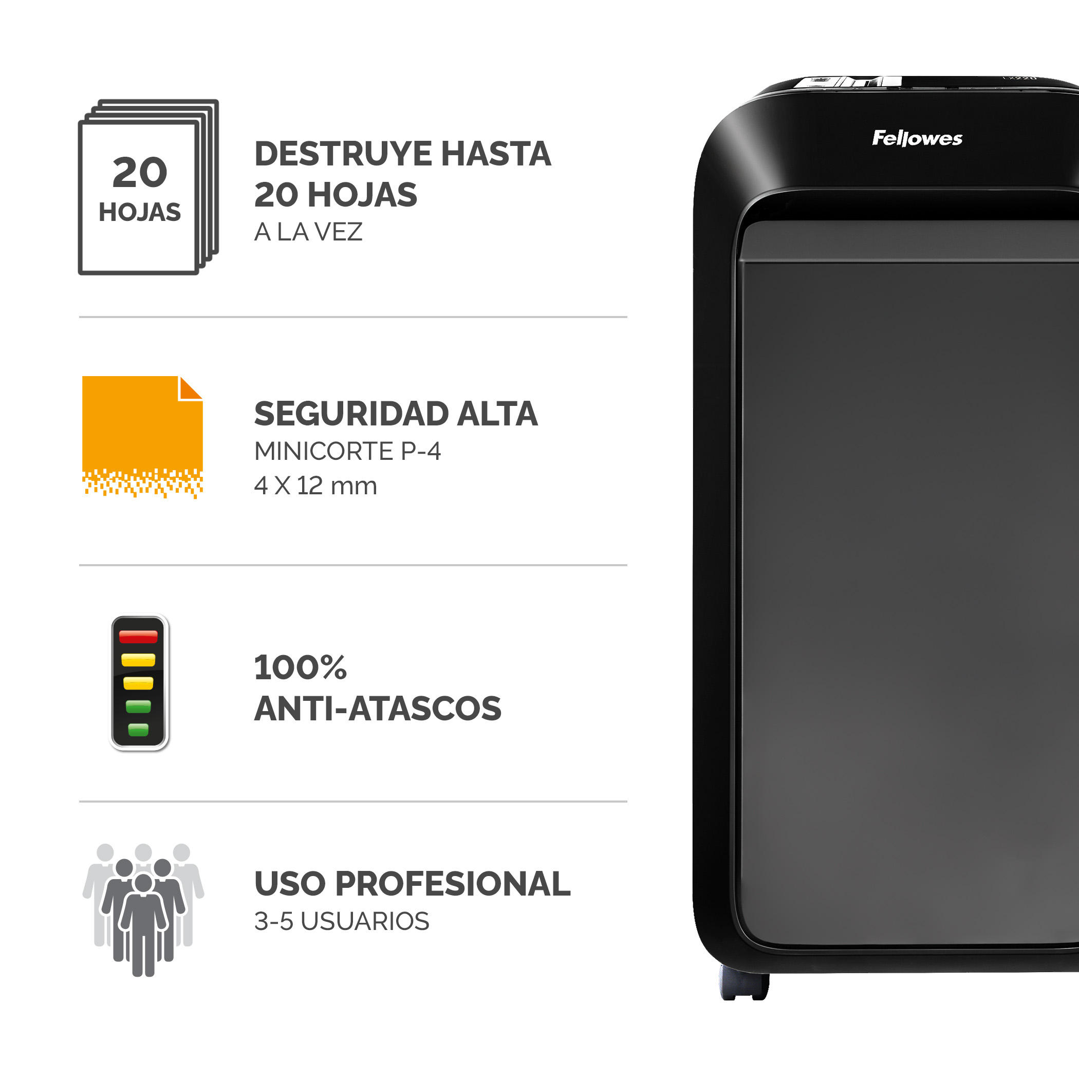 Destructora de papel negra con iconos que muestran capacidad para destruir 20 hojas, alta seguridad y funciones antiatasco.