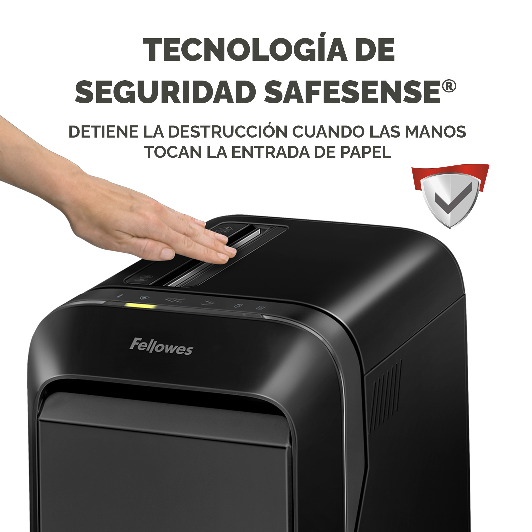 Una mano tocando una destructora de papel, Fellowes negro.