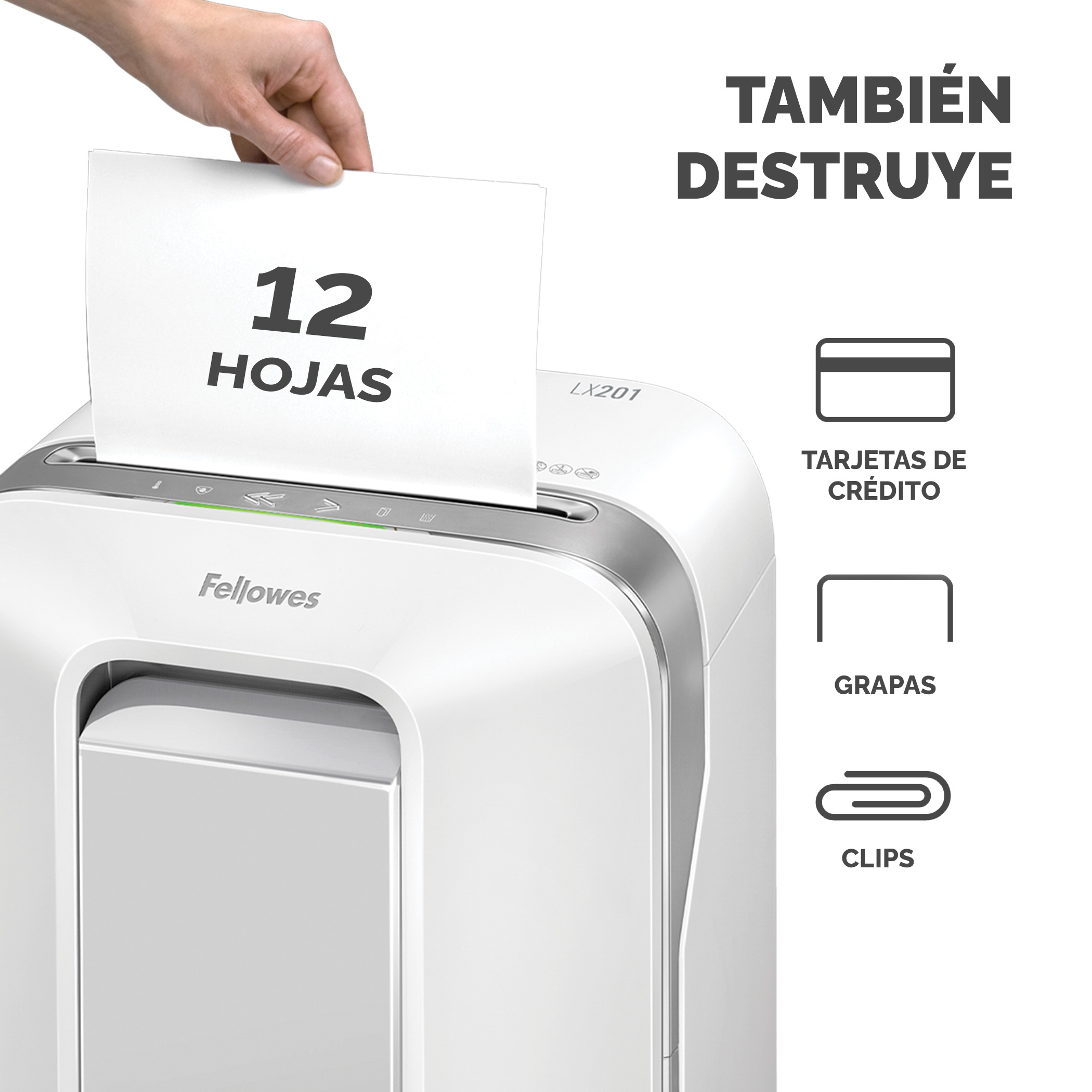 Destructora de papel con texto '12 HOJAS' e iconos de tarjeta de crédito, grapas y clips.