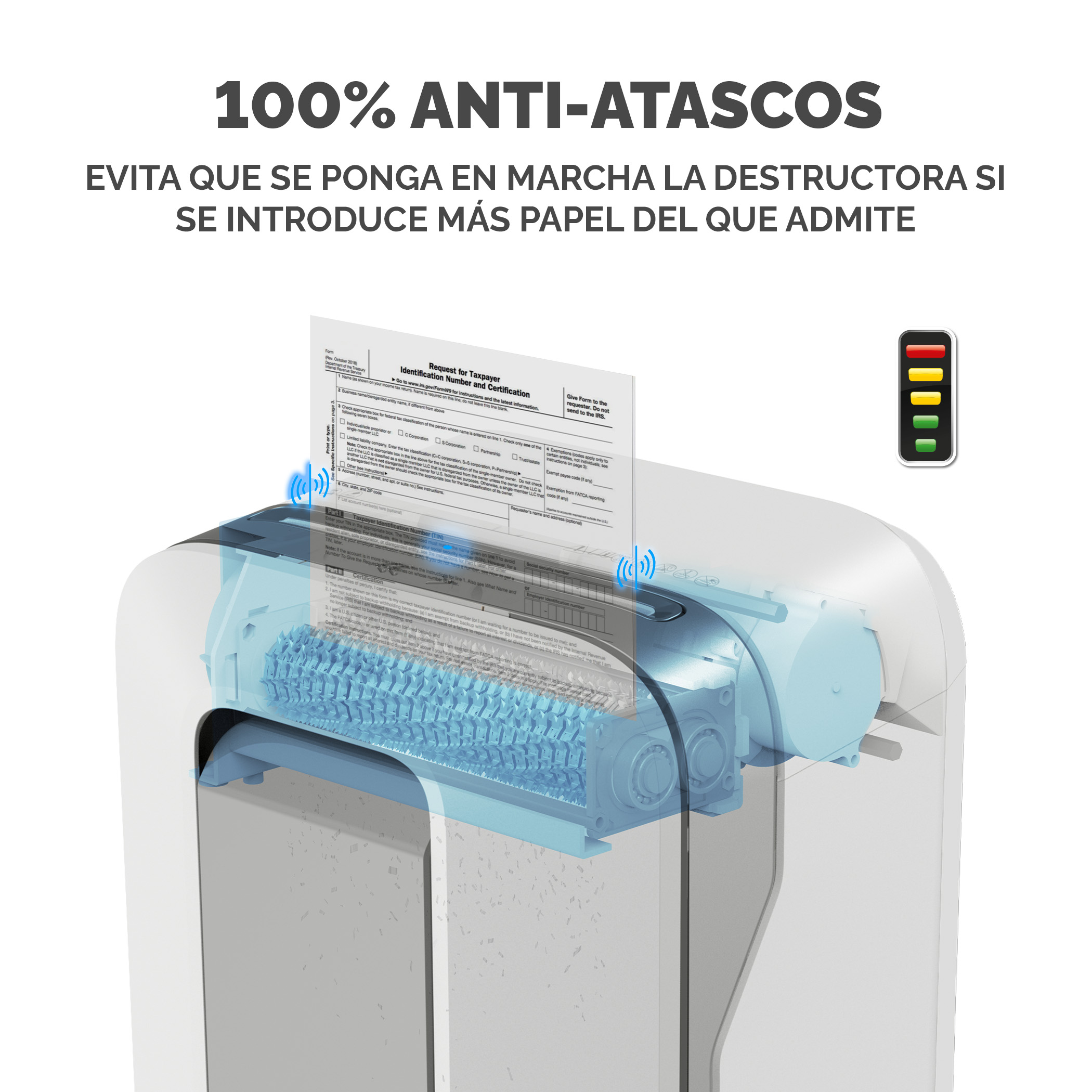 Destructora de papel que demuestra la tecnología antiatasco. Muestra el papel siendo destruido dentro. Fondo blanco.