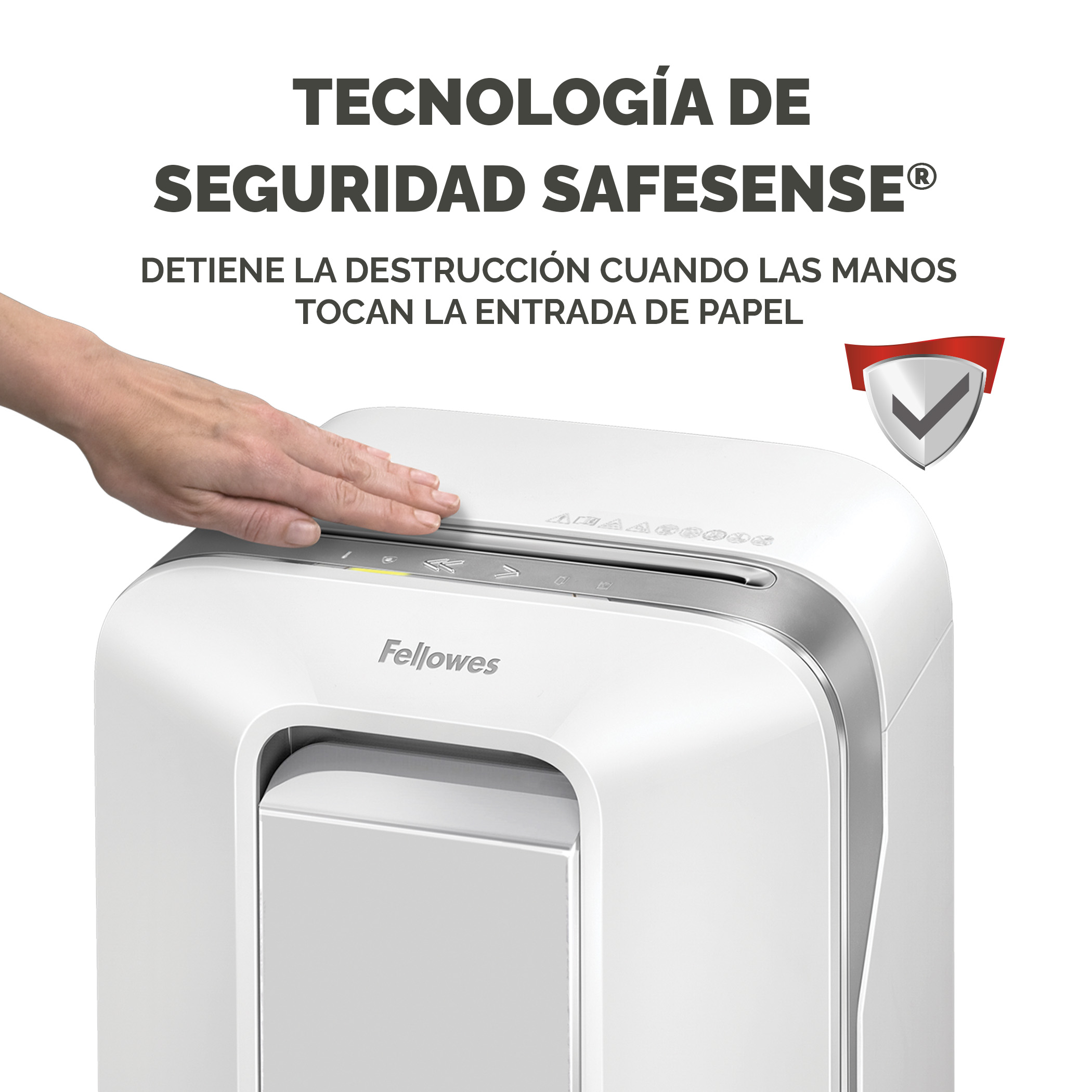 Destructora de papel blanca con una mano tocando la entrada. Texto: La tecnología de seguridad detiene la destrucción.