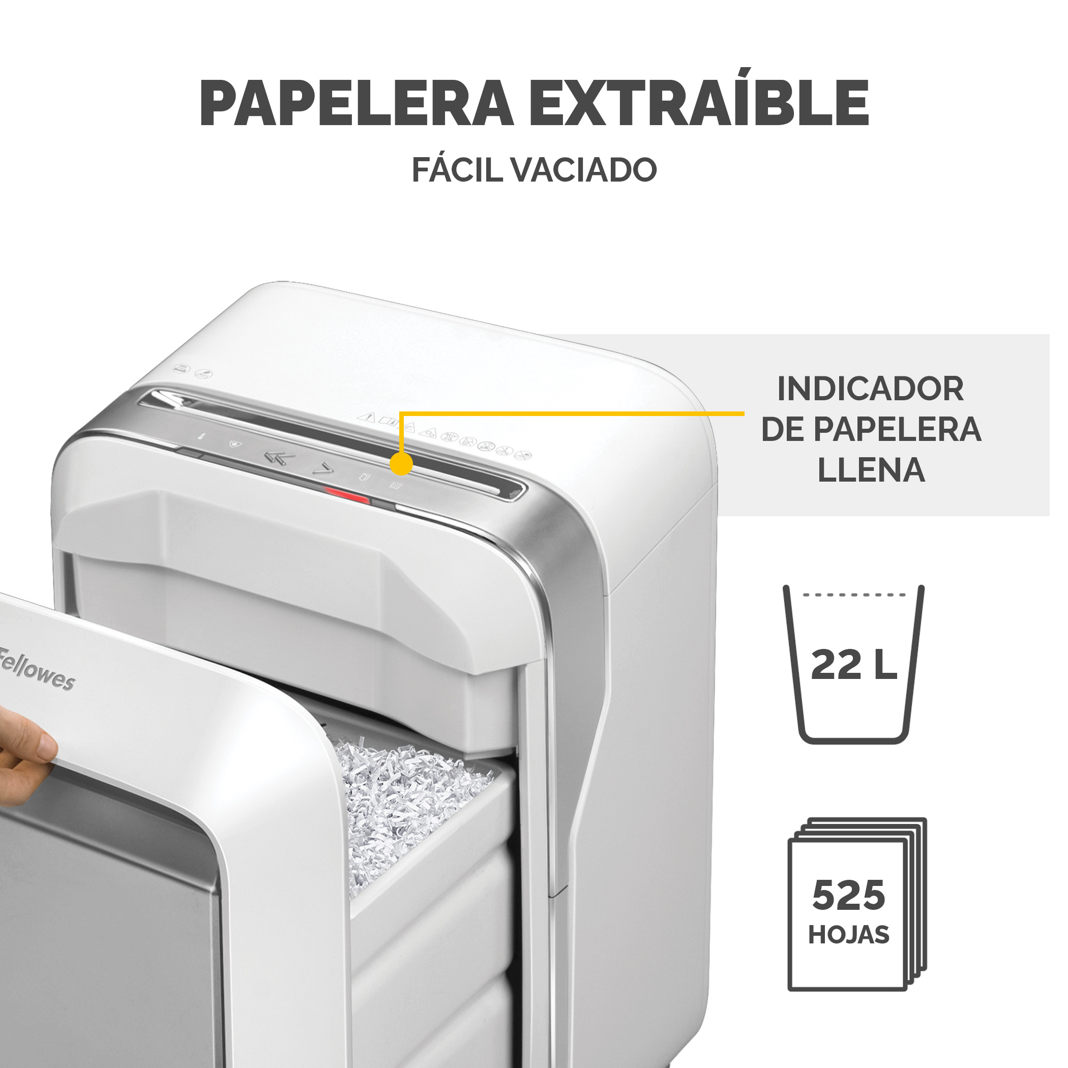 Destructora de papel blanca con papelera abierta. Texto en español.