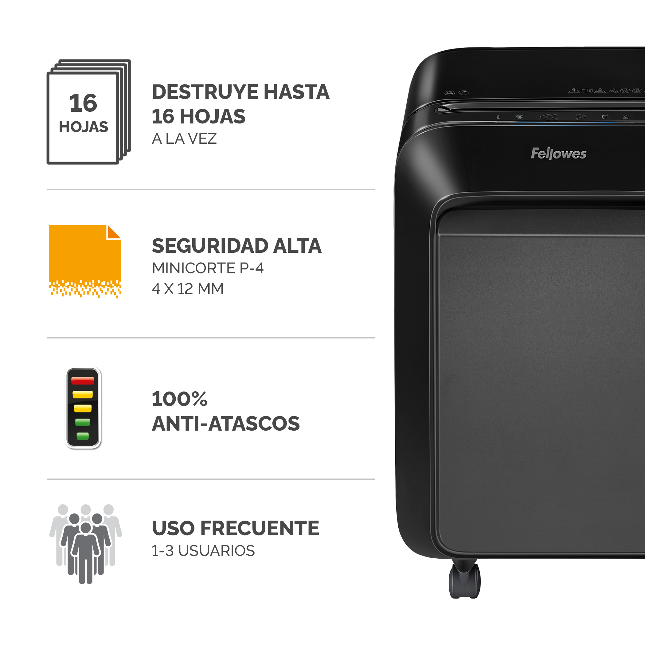 Una destructora de papel Fellowes negra, con iconos y texto que describen sus características.