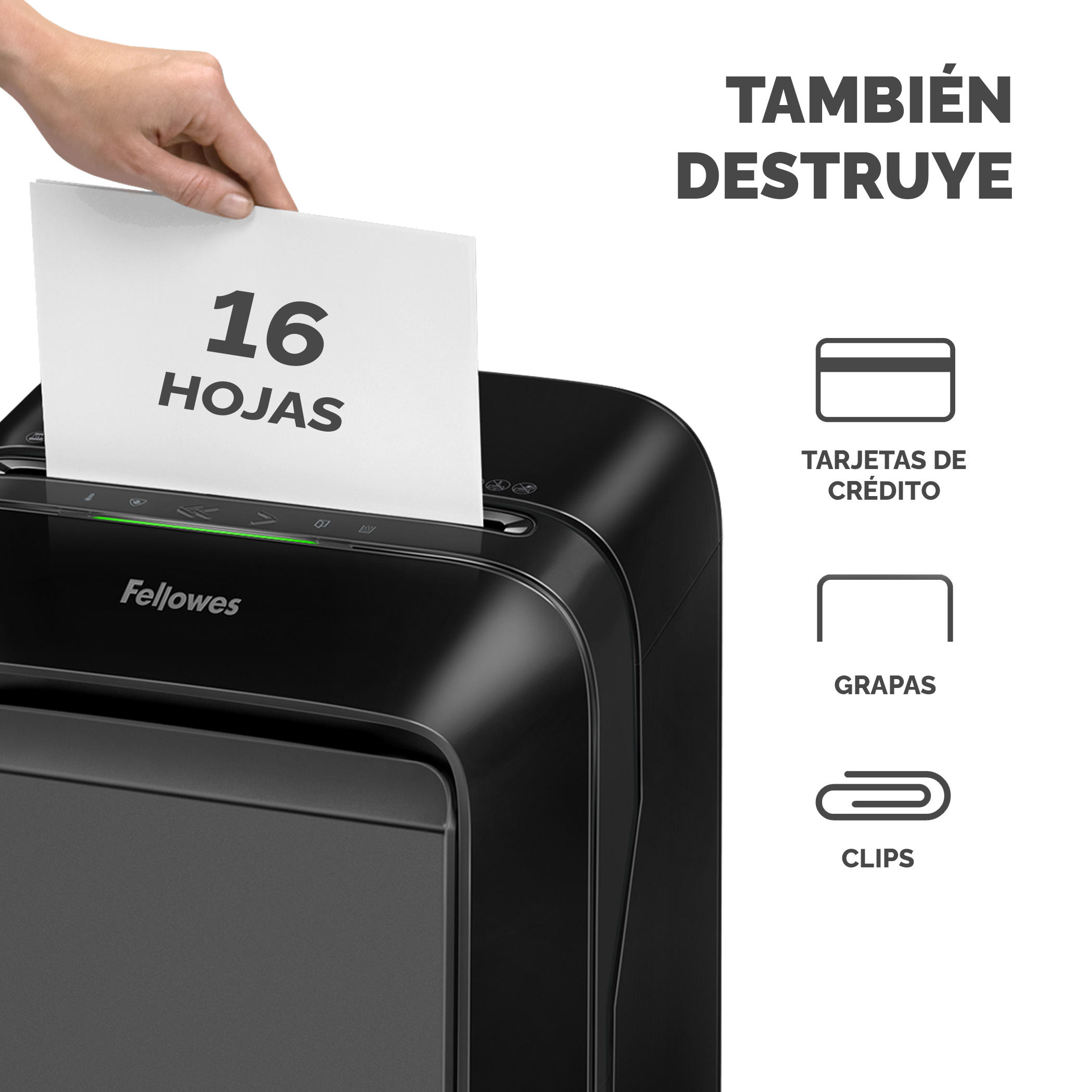 Destructora de papel con una persona insertando papeles, con iconos que muestran la destrucción de tarjetas de crédito, grapas y clips.