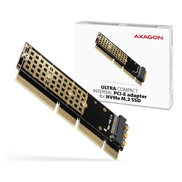 Fekete-fehér doboz, amely egy fekete PCI-E adaptert tartalmaz. NVMe M.2 SSD-hez.
