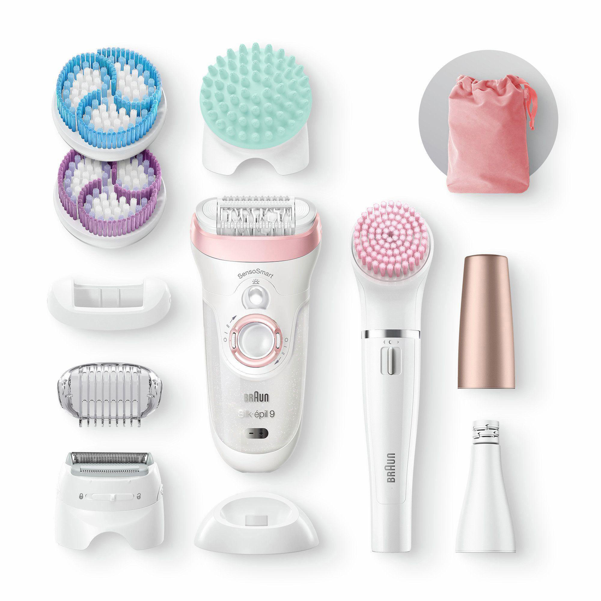 Braun Silk-épil 9 Epilierer und Zubehör, verschiedene weiße und rosa Komponenten.