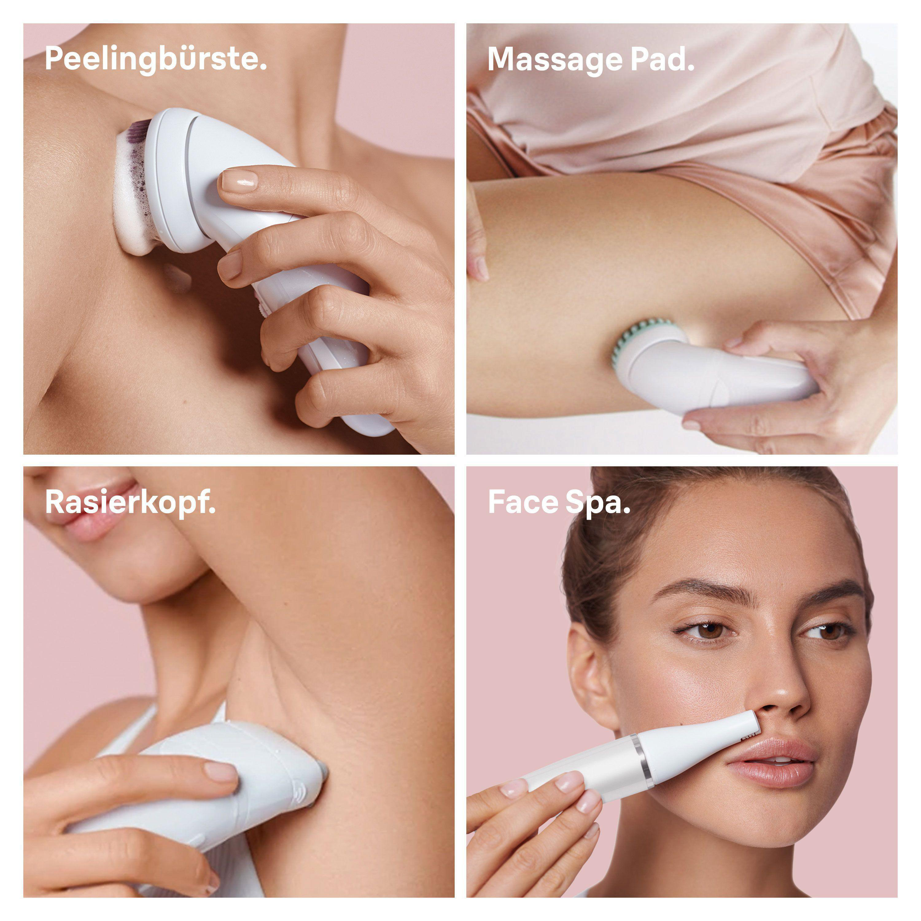 Vier Bilder, die zeigen, wie man ein Face Spa benutzt, einschließlich Peeling, Massage, Rasur und Gesichtsbehandlung.