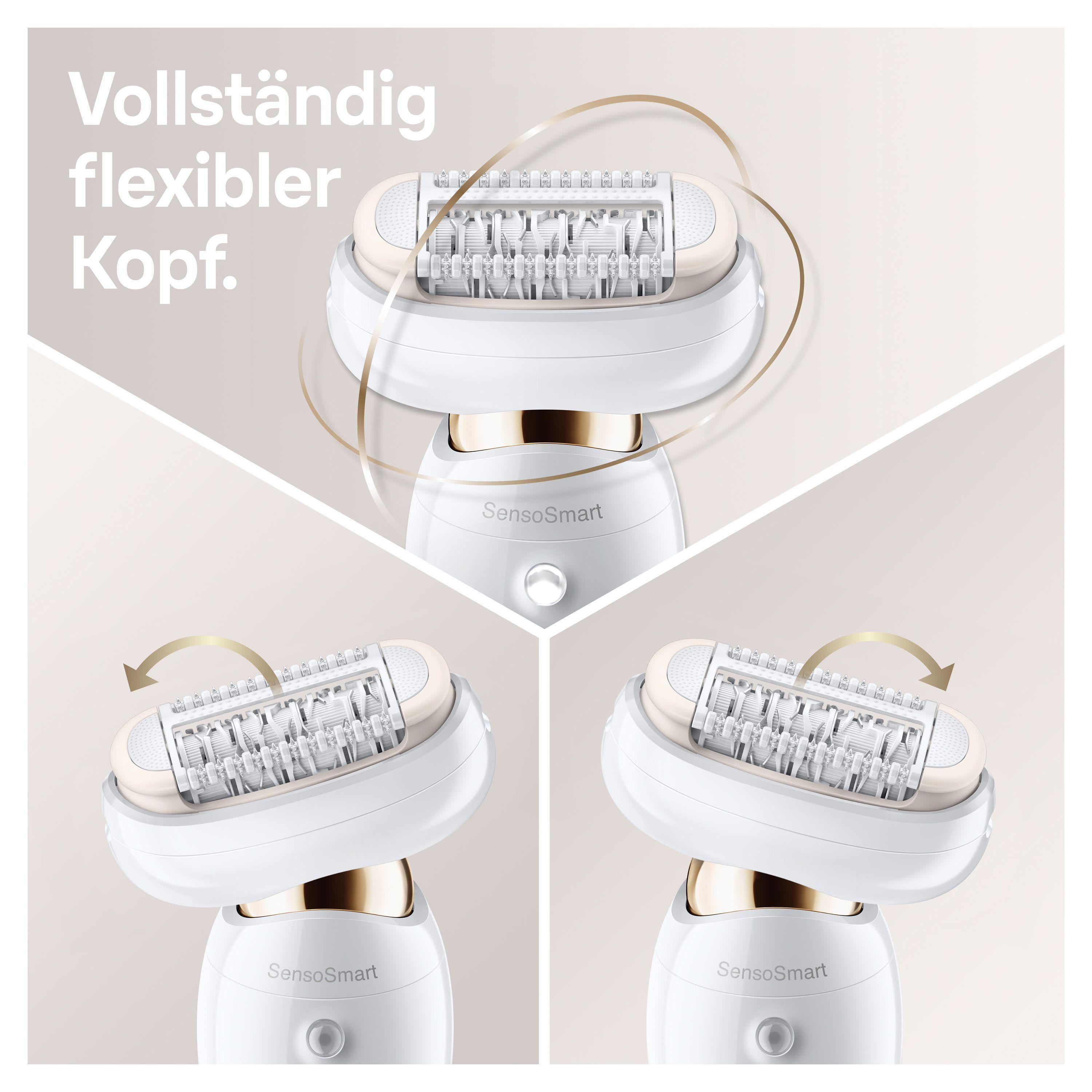 Ein elektrischer Rasierer mit drei verschiedenen Kopfpositionen.