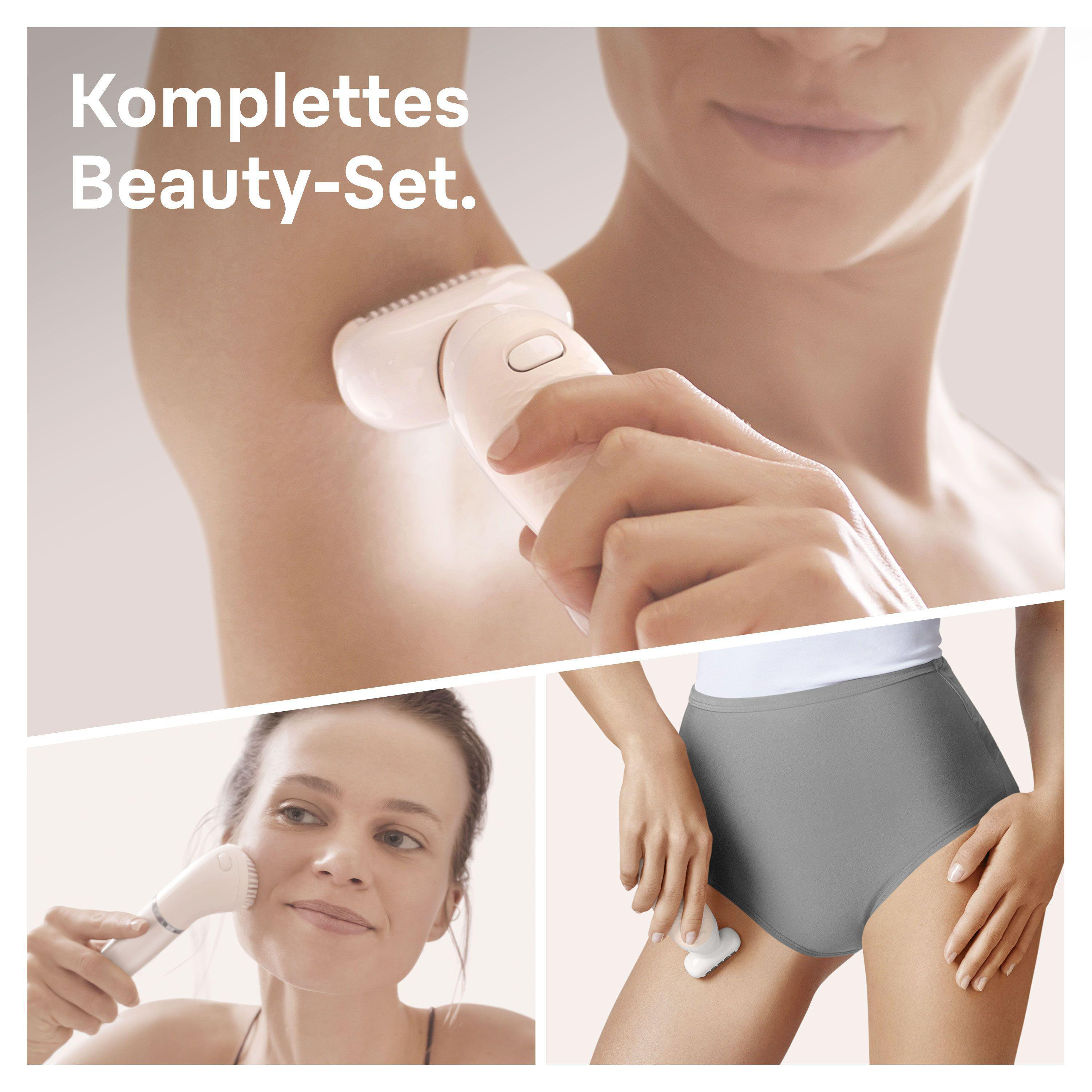 Frau, die Schönheitswerkzeuge verwendet. Enthält einen Epilierer, eine Gesichtsbürste und eine Körperlotion mit dem Text 'Komplettes Beauty-Set'.