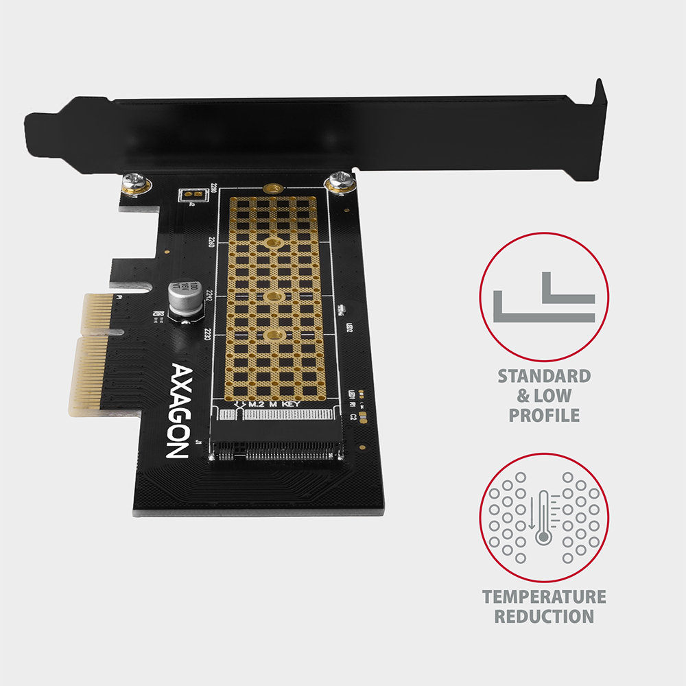 Axagon adapter M.2 SSD-hez, fekete, szöveggel: Standard & Low profile, Temp. Reduction.
