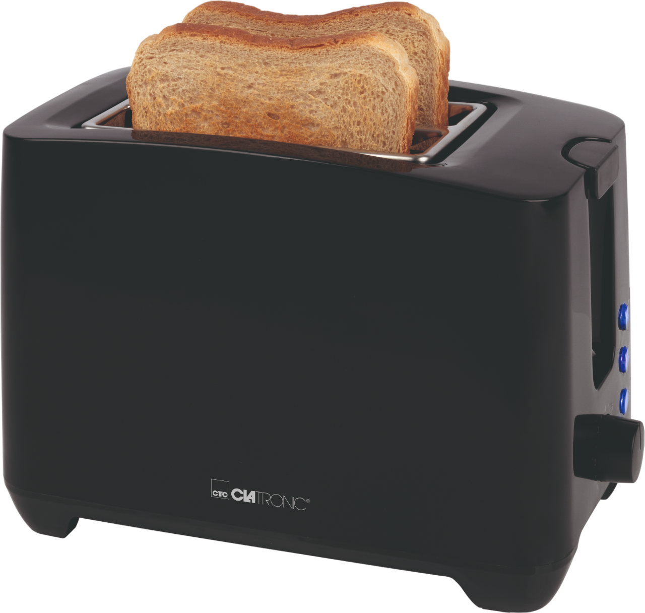 Ein schwarzer Toaster mit zwei Toastscheiben darin.