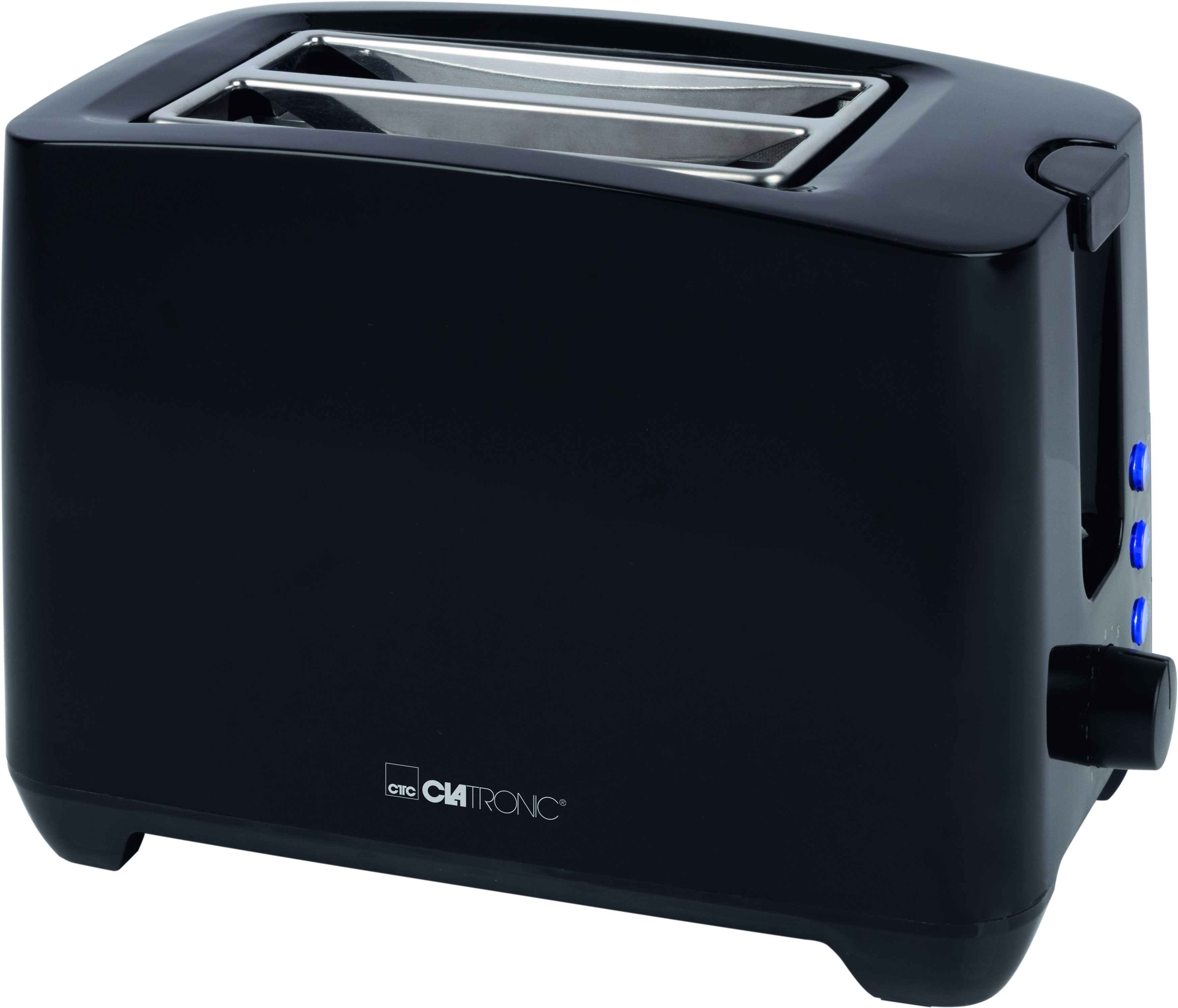 Schwarzer Toaster mit zwei Schlitzen und Bedienknöpfen.