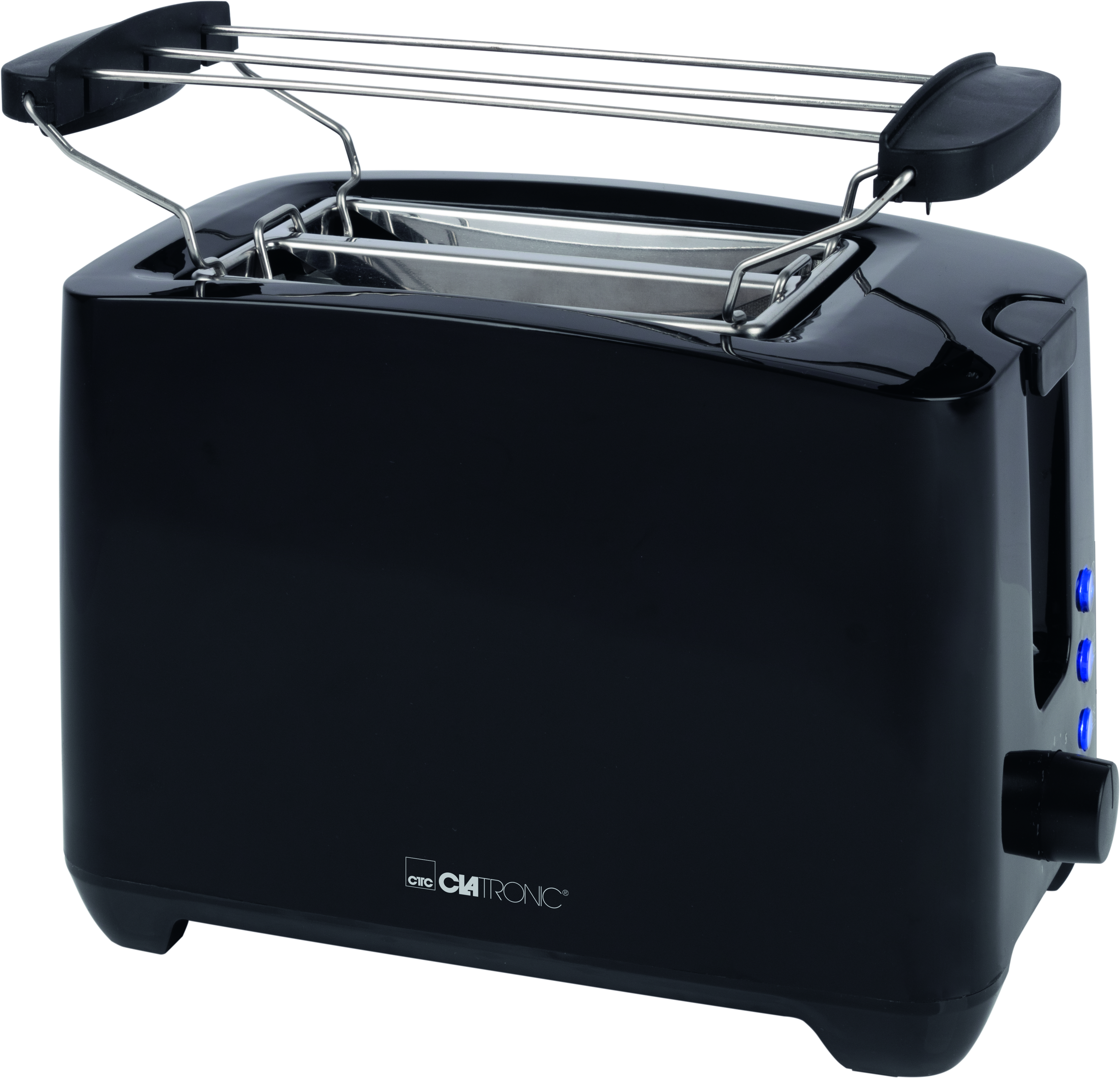 Ein schwarzer Toaster mit zwei Schlitzen, mit hochgehobenen Brothebern.