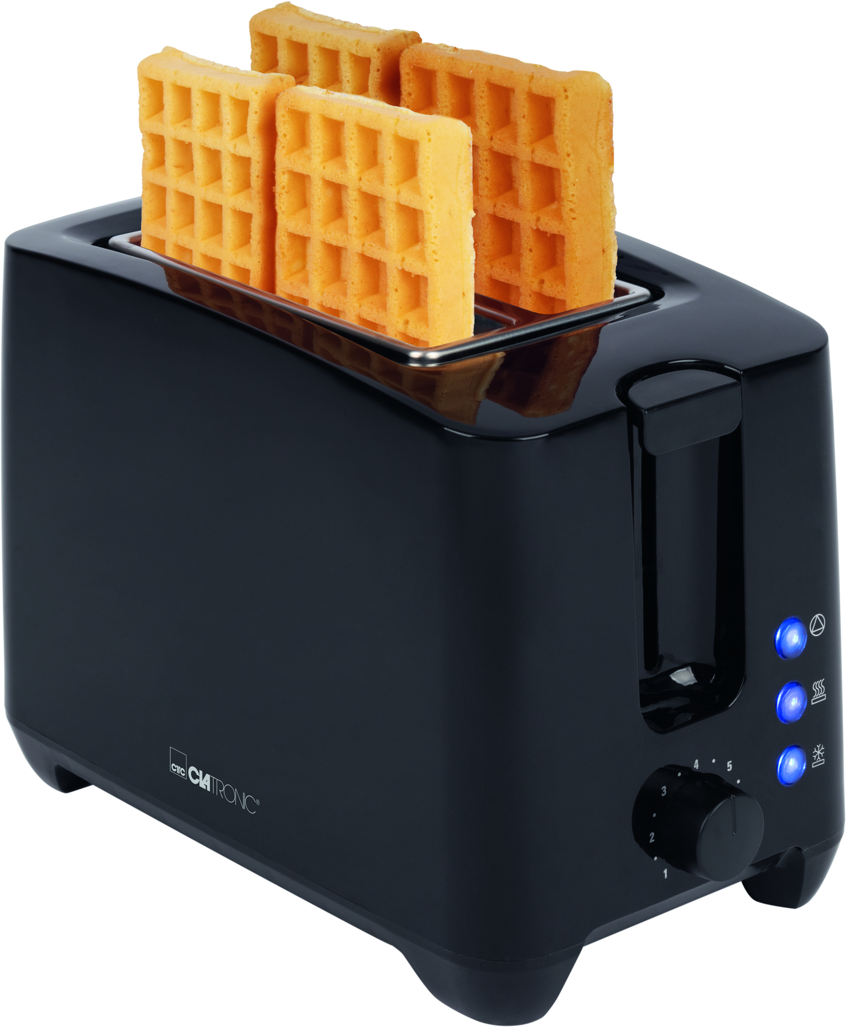 Schwarzer Toaster mit vier herausragenden Waffeln. Der Toaster hat blaue Lichtknöpfe.