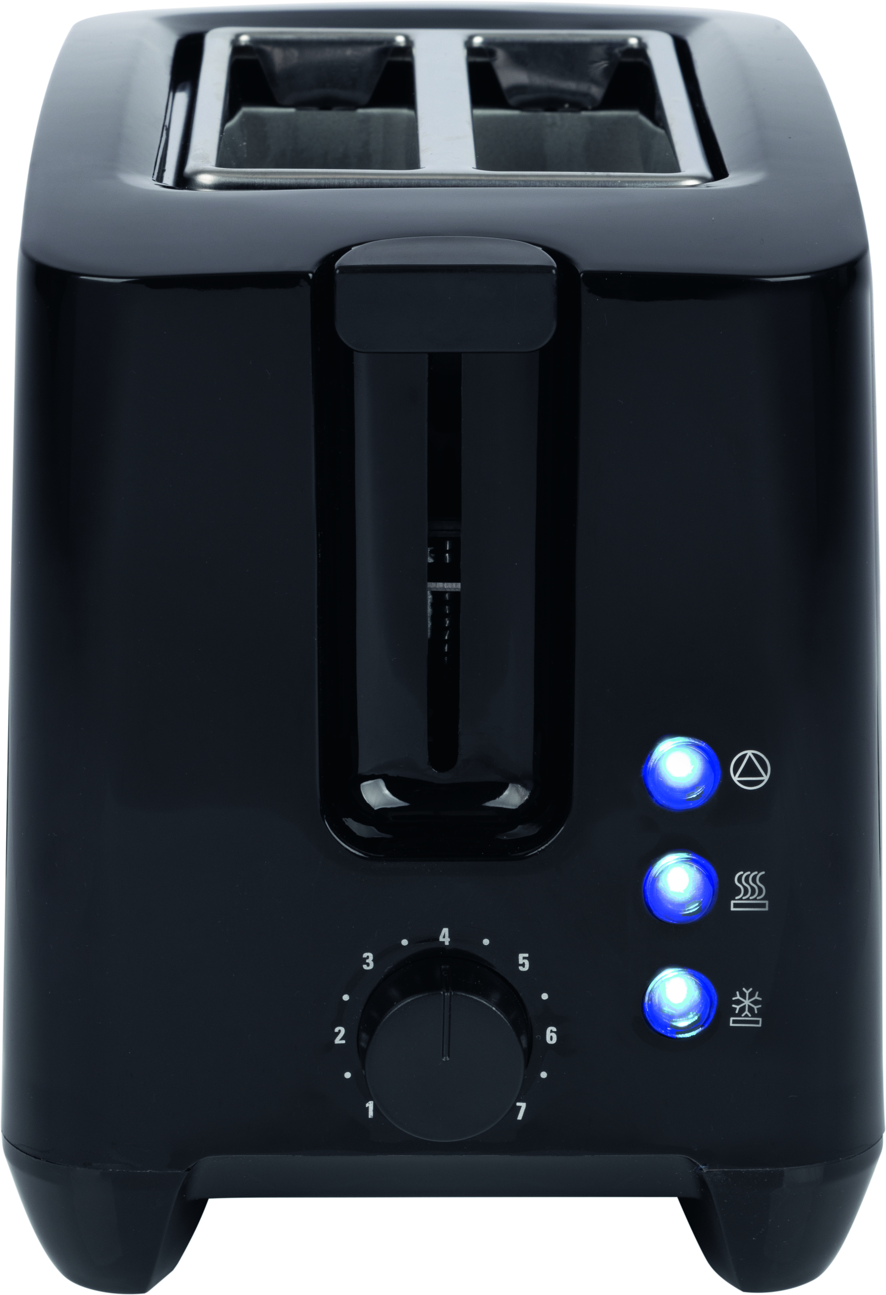 Ein schwarzer Toaster mit Drehregler, Knöpfen und Kontrollleuchten, der in die Kamera blickt.