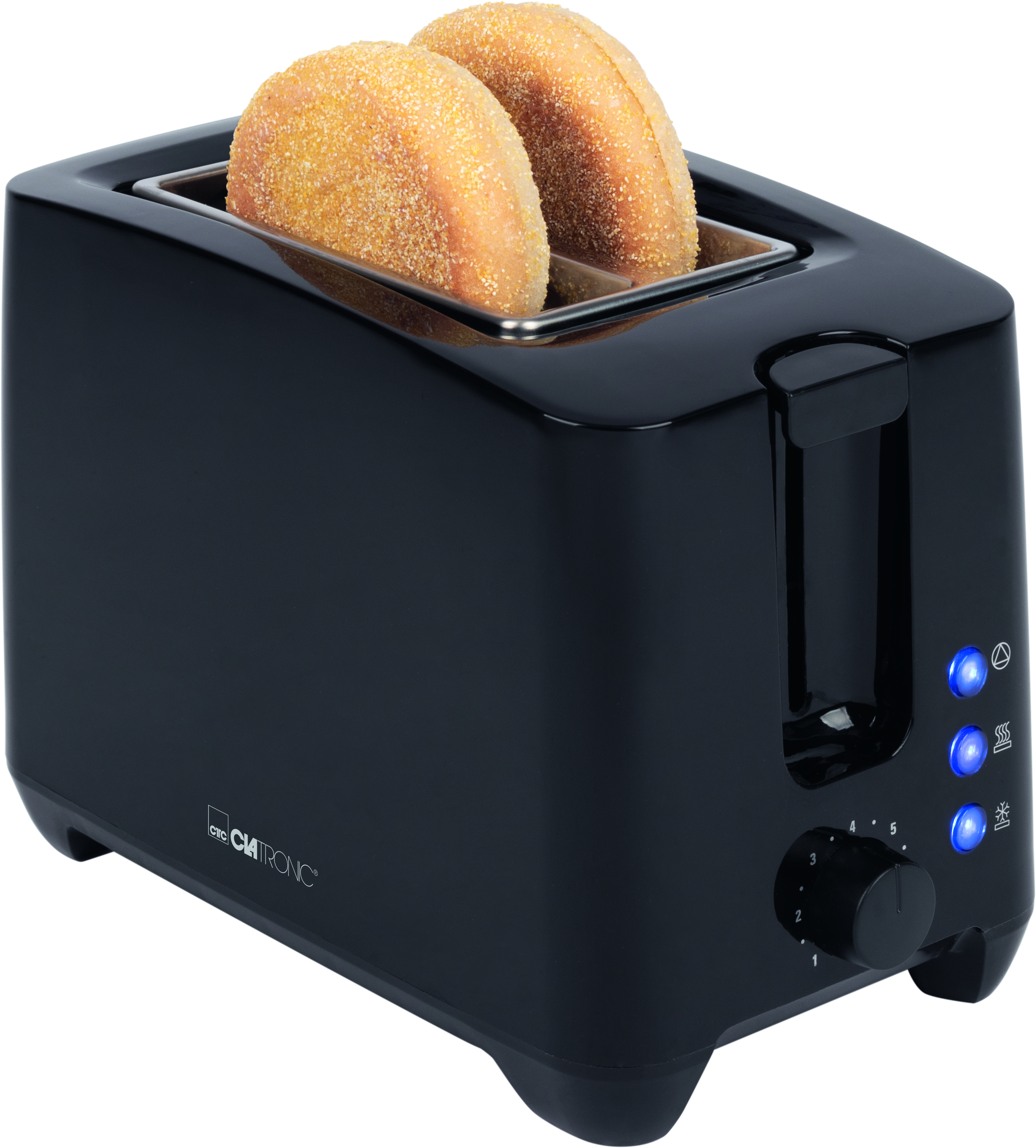 Ein schwarzer Toaster mit zwei englischen Muffins. Drei blaue Lichter sind vorne an.