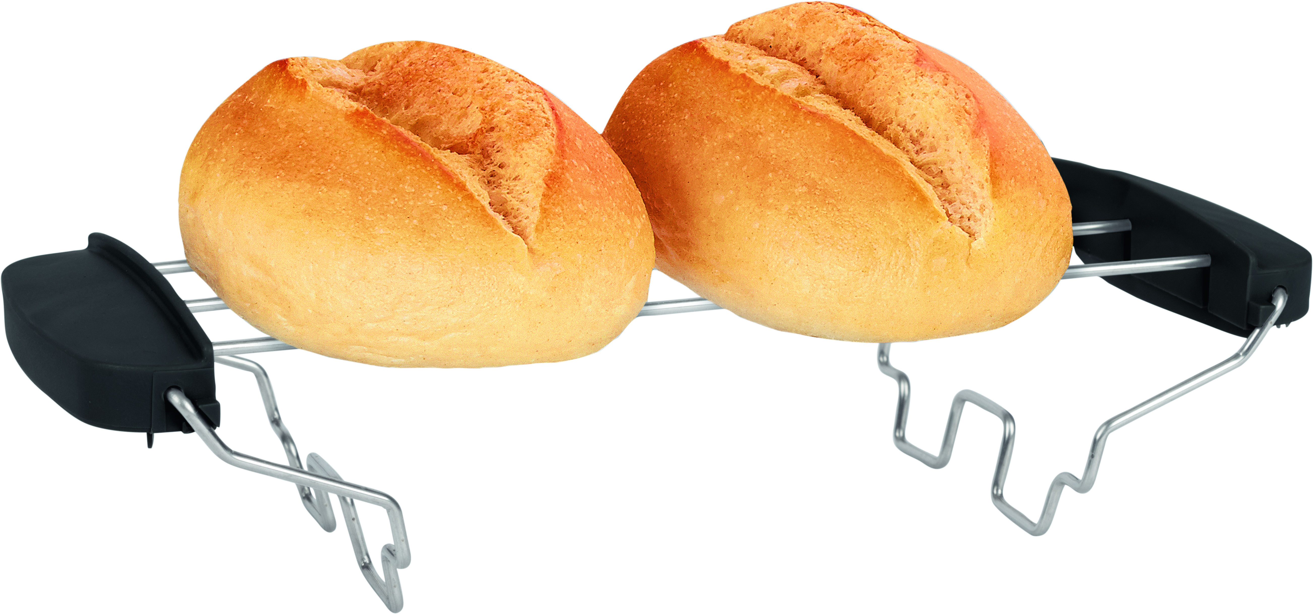 Zwei gebackene Brötchen werden in einem Chromgestell auf weißem Hintergrund gehalten.