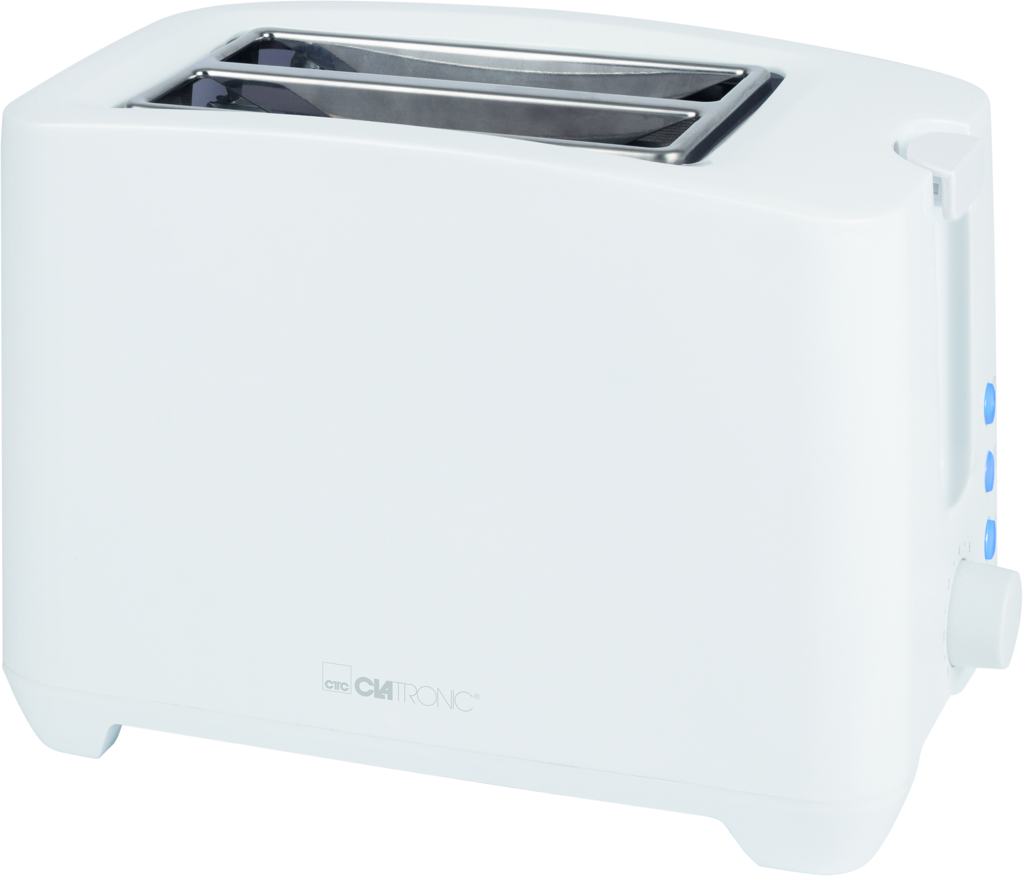 Ein weißer Toaster mit zwei Schlitzen. Bedienelemente und ein Hebel sind an der Seite.