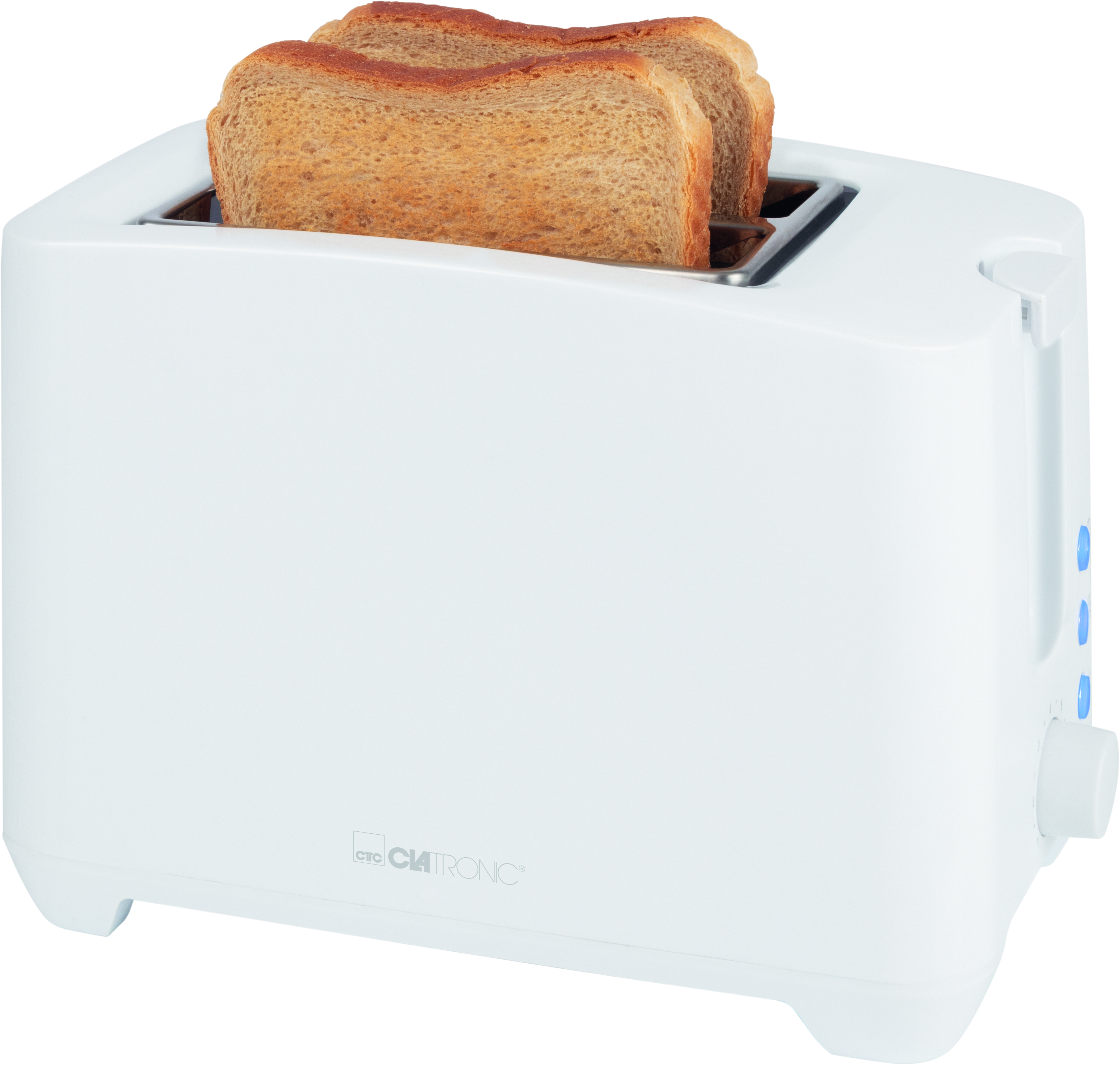 Ein weißer Toaster mit zwei Toastbrotscheiben darin.