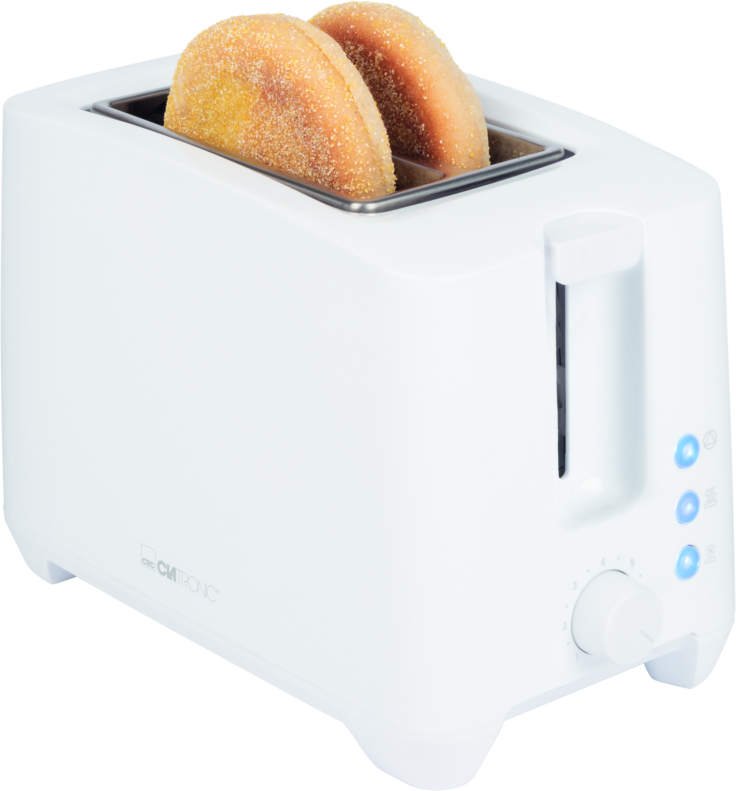 Weißer Toaster mit Brotscheiben. Bedienfeld mit Knöpfen und einem Drehregler.