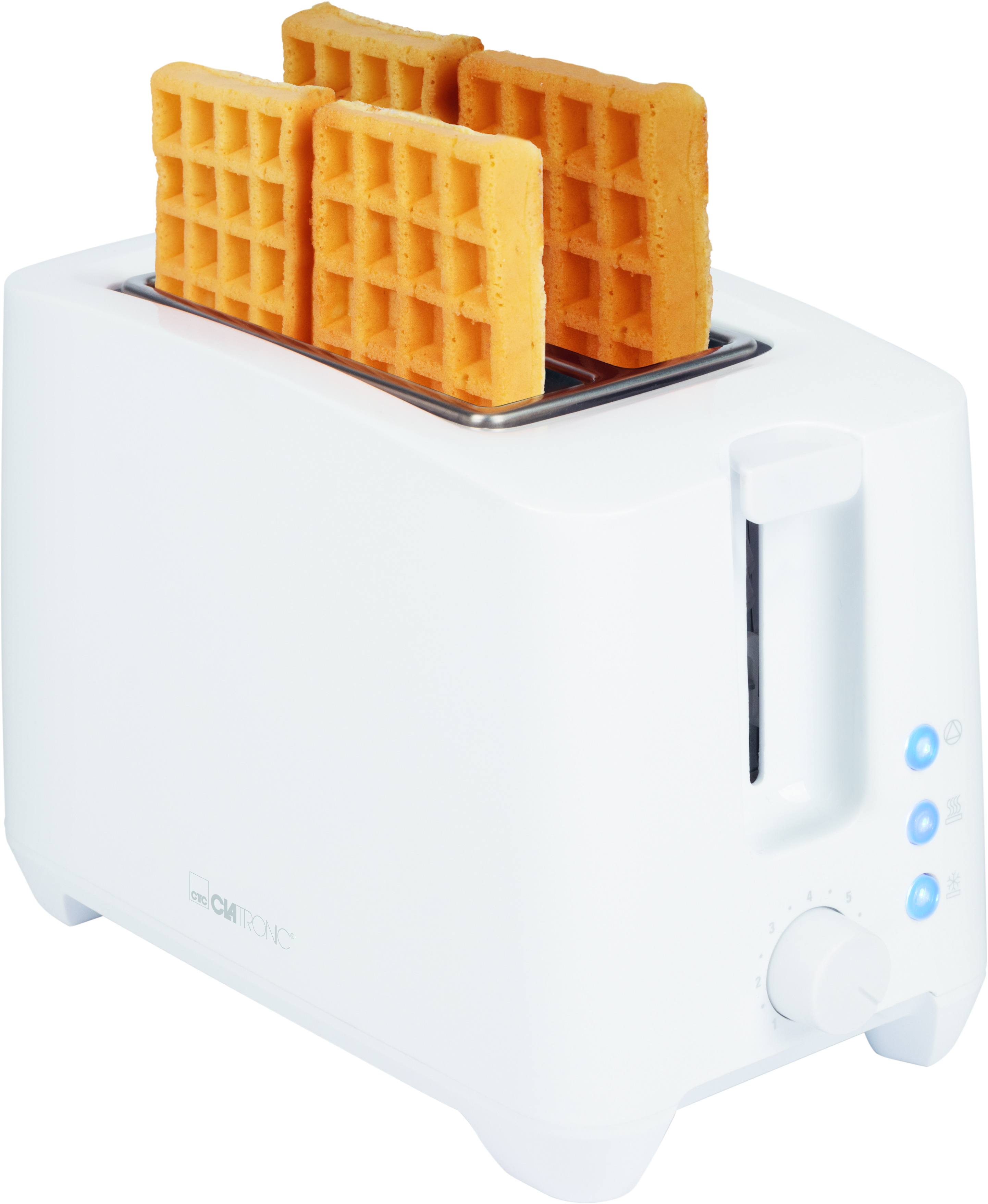 Ein weißer Toaster mit vier Waffeln darin, bereit zum Toasten.