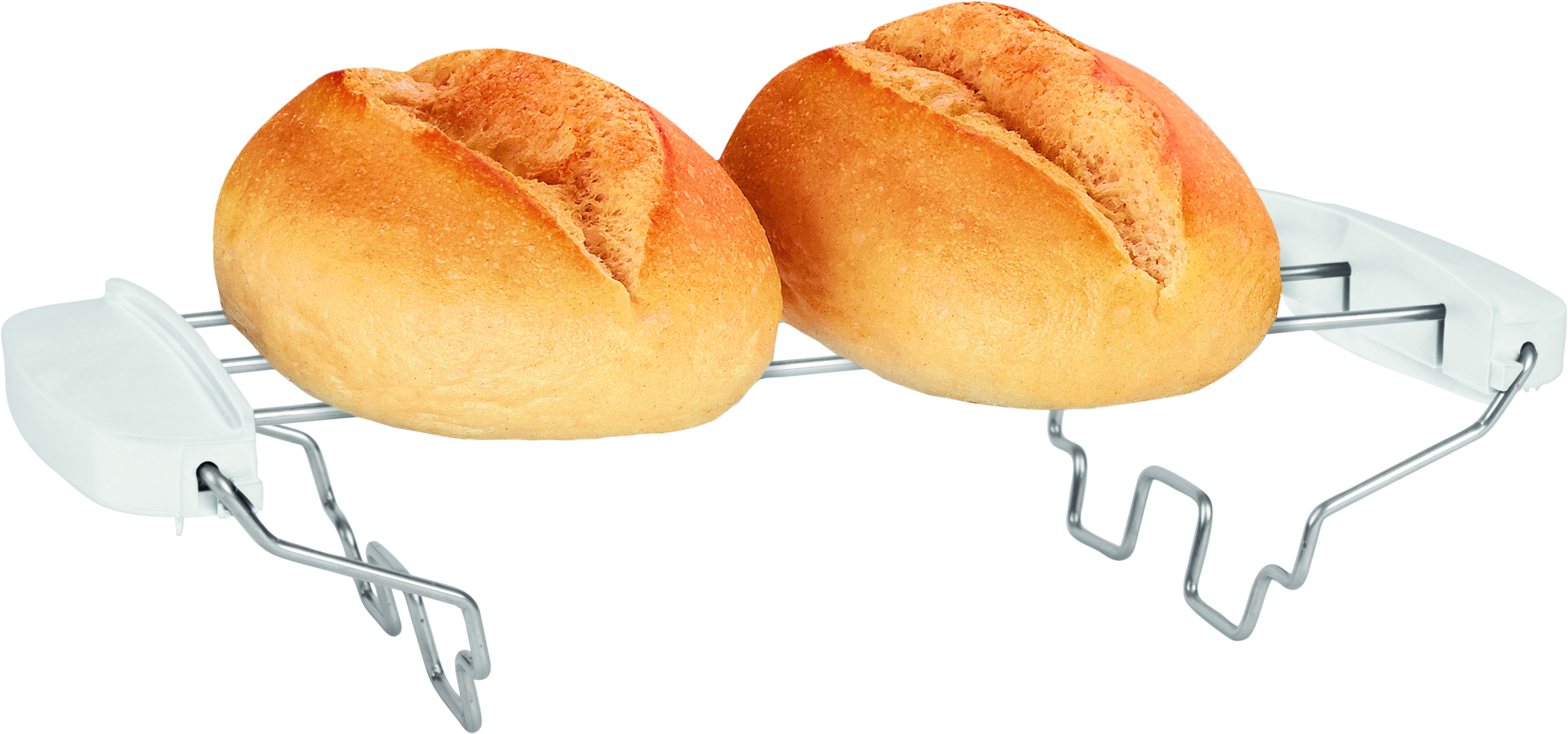 Zwei Brötchen auf einem weißen Gerät, zum Toasten von Brötchen gedacht.