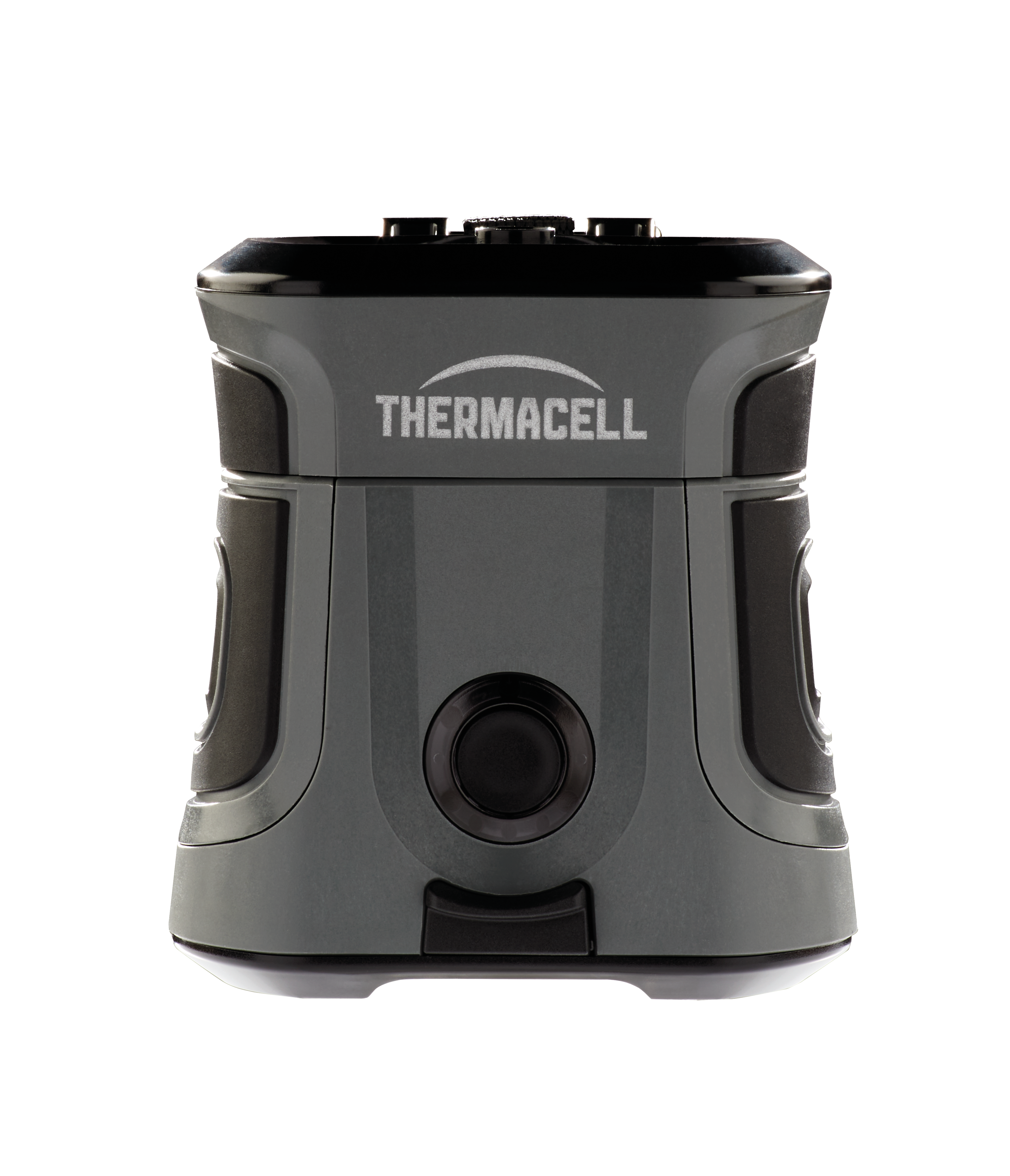 Graues und schwarzes Thermacell-Gerät. Es hat ein Logo. Der Hintergrund ist schwarz.