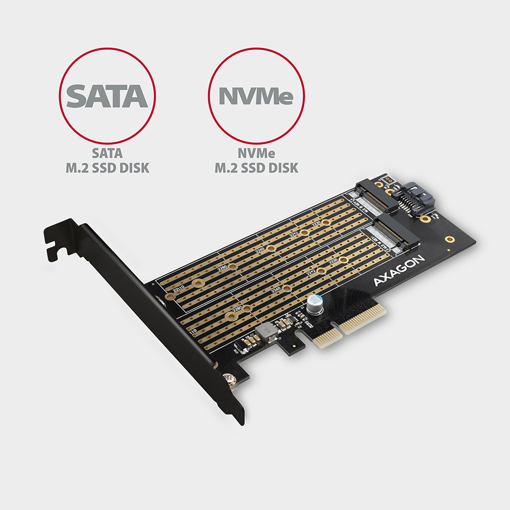 PCIE kártya, SATA és NVMe M.2 SSD lemeznyílásokkal, Axagon márkával.