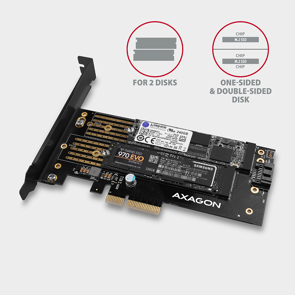 Fekete adapter két M.2 SSD-vel. A diagram a helyét és a szöveges címkét mutatja.