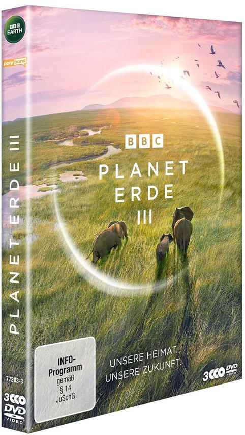 Das Cover einer DVD-Hülle mit Planet Erde III. Zeigt Elefanten auf einem Feld.