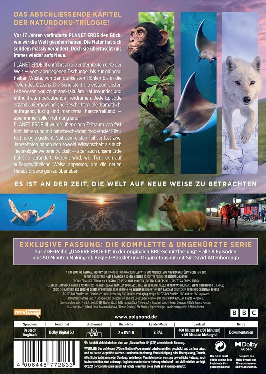 Die Rückseite einer DVD-Hülle mit Planet Erde III. Enthält Bilder von Wildtieren.