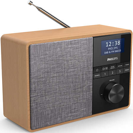 Une radio Philips DAB et FM de style bois avec un panneau de commande noir.